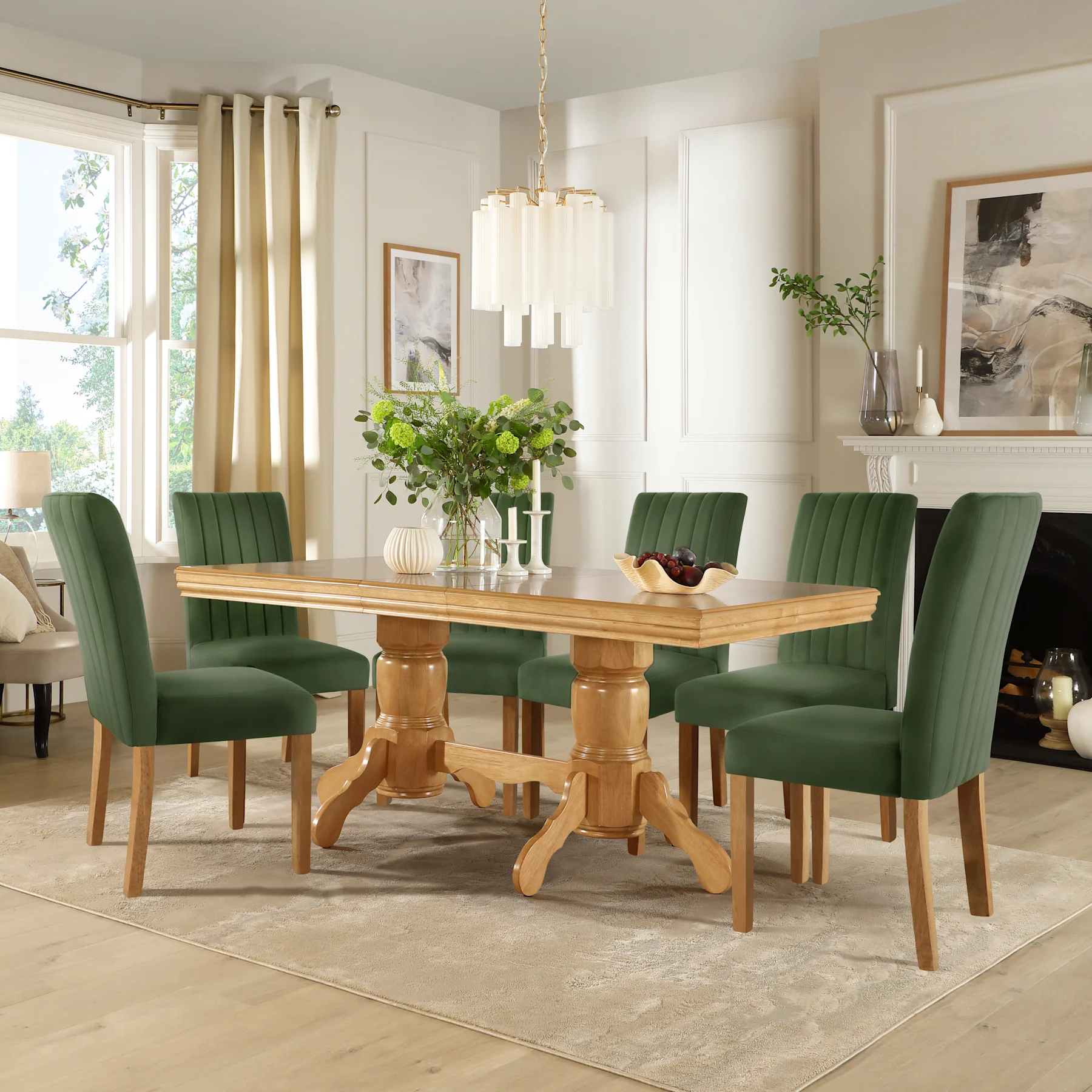 Chatsworth Extending Dining Table & 4 Salisbury Chairs, Natural Oak Finished Birch Veneer & Solid Hardwood, Moss Green Classic Plush Fabric & Natural Oak Finished Solid Hardwood, 150-180cm