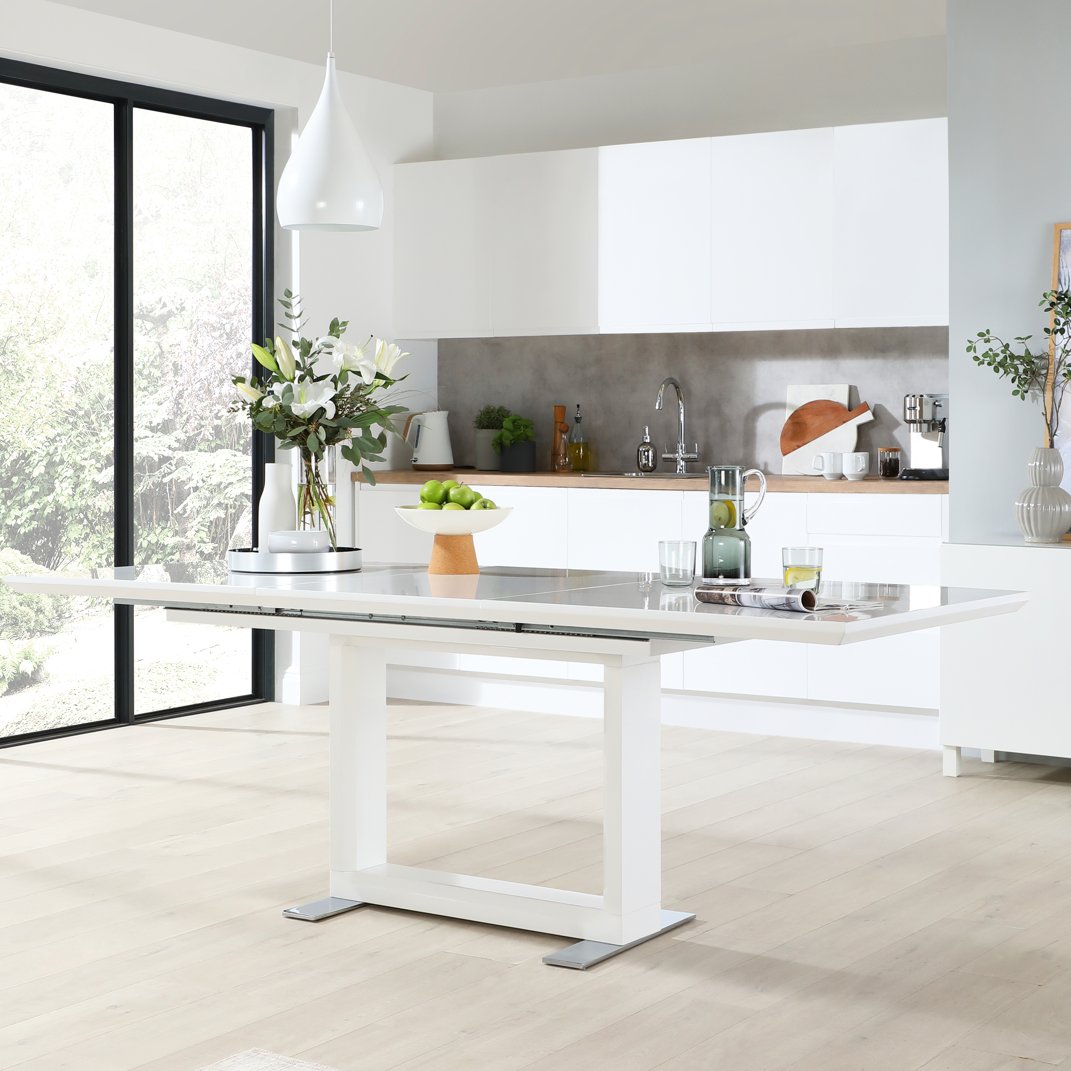 Tokyo Extending Dining Table & 4 Riva Chairs, White High Gloss
