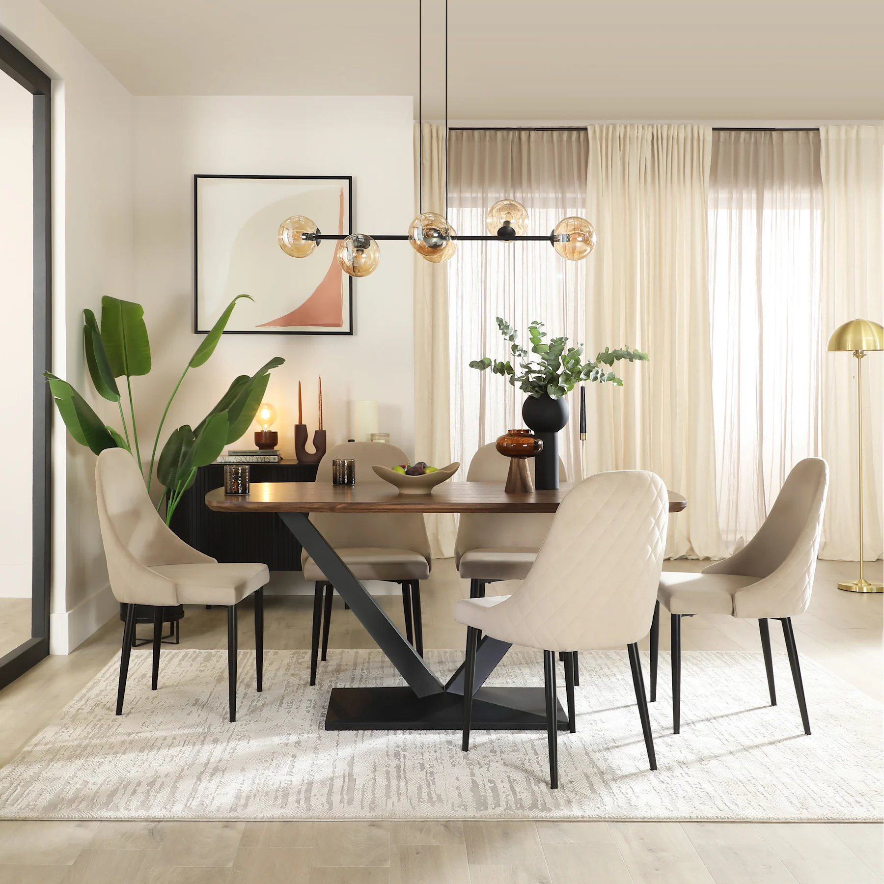 Avanta Dining Table & 4 Ricco Dining Chairs, Walnut Effect & Black Steel, Champagne Classic Velvet, 160cm