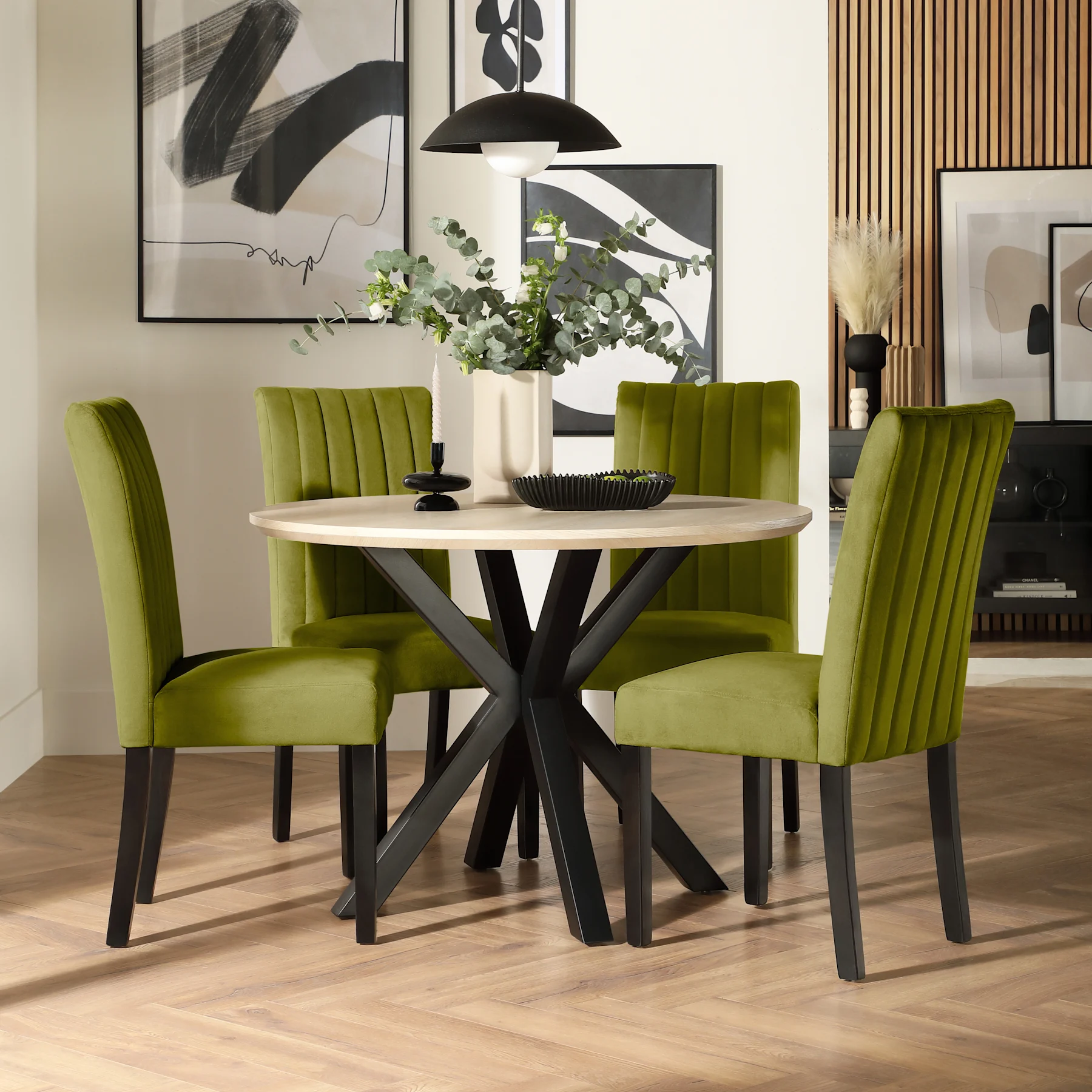 Newark Round Dining Table & 4 Salisbury Chairs, Light Oak Effect & Black Steel, Olive Green Classic Velvet & Black Solid Hardwood, 110cm