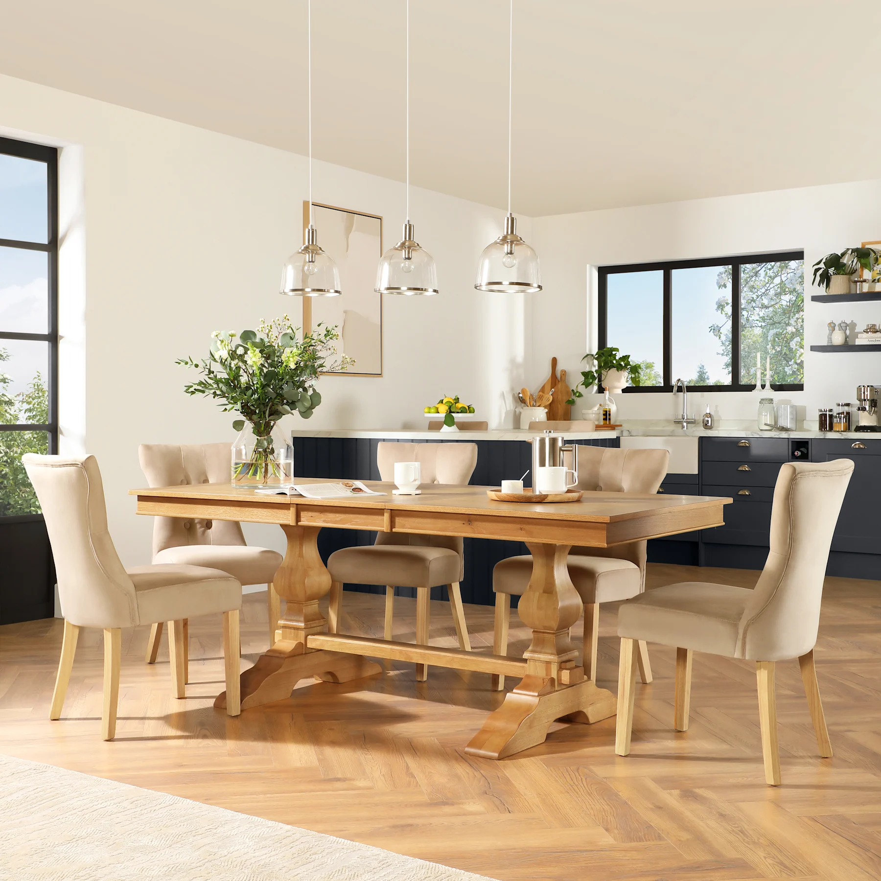 Cavendish Extending Dining Table & 8 Bewley Chairs, Natural Oak Veneer & Solid Hardwood, Champagne Classic Velvet & Natural Oak Finished Solid Hardwood, 160-200cm