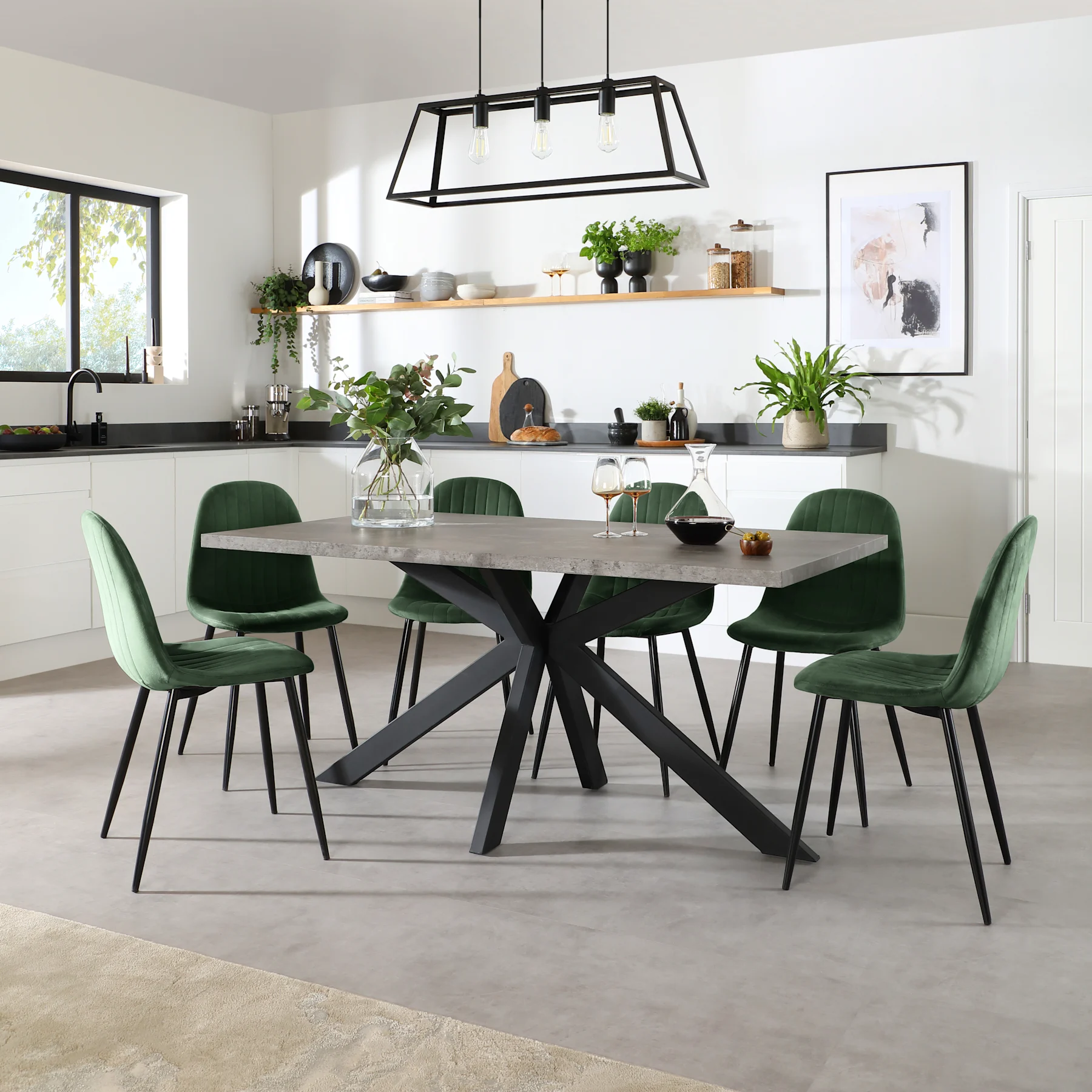 Madison Industrial Dining Table & 4 Brooklyn Chairs, Grey Concrete Effect & Black Steel, Moss Green Classic Velvet, 160cm