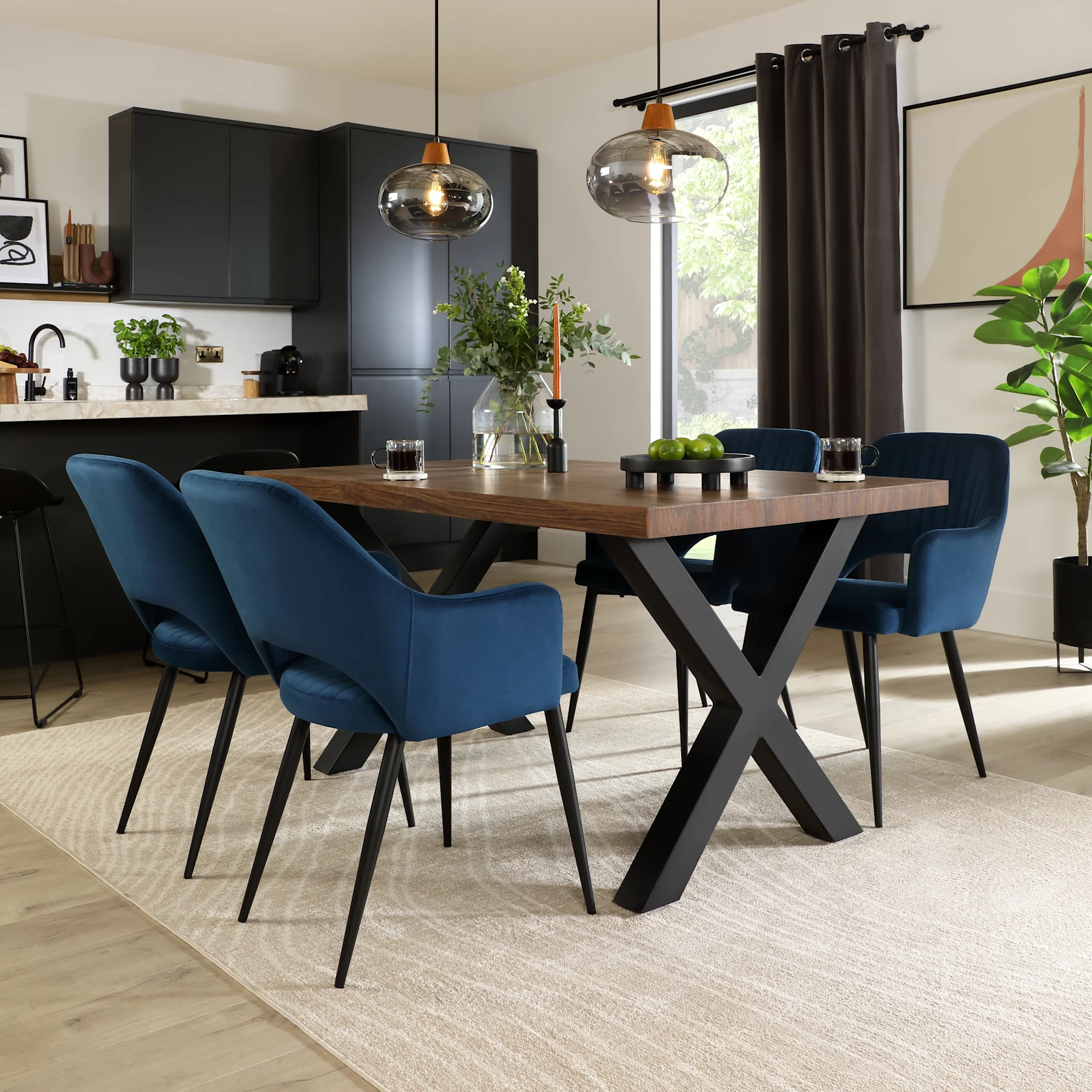Franklin Industrial Dining Table & 4 Clara Chairs, Walnut Effect & Black Steel, Blue Classic Velvet, 150cm