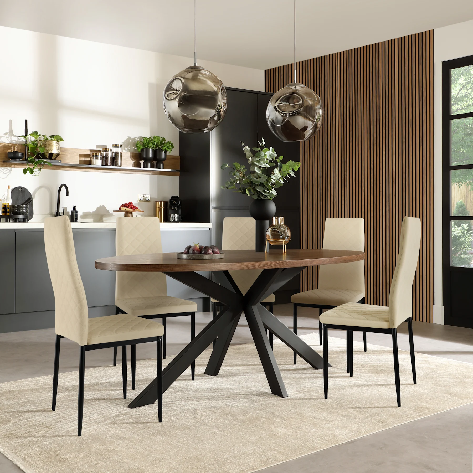 Madison Oval Industrial Dining Table & 6 Renzo  Chairs, Walnut Effect & Black Steel, Ivory Classic Plush Fabric, 150cm