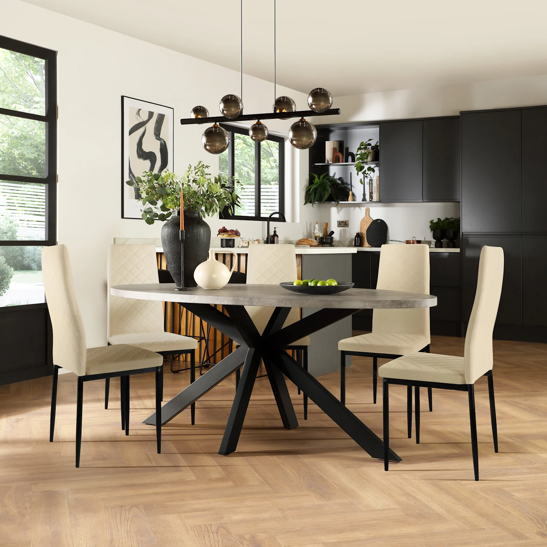 Madison Oval Industrial Dining Table & 6 Renzo  Chairs, Grey Concrete Effect & Black Steel, Ivory Classic Plush Fabric, 150cm