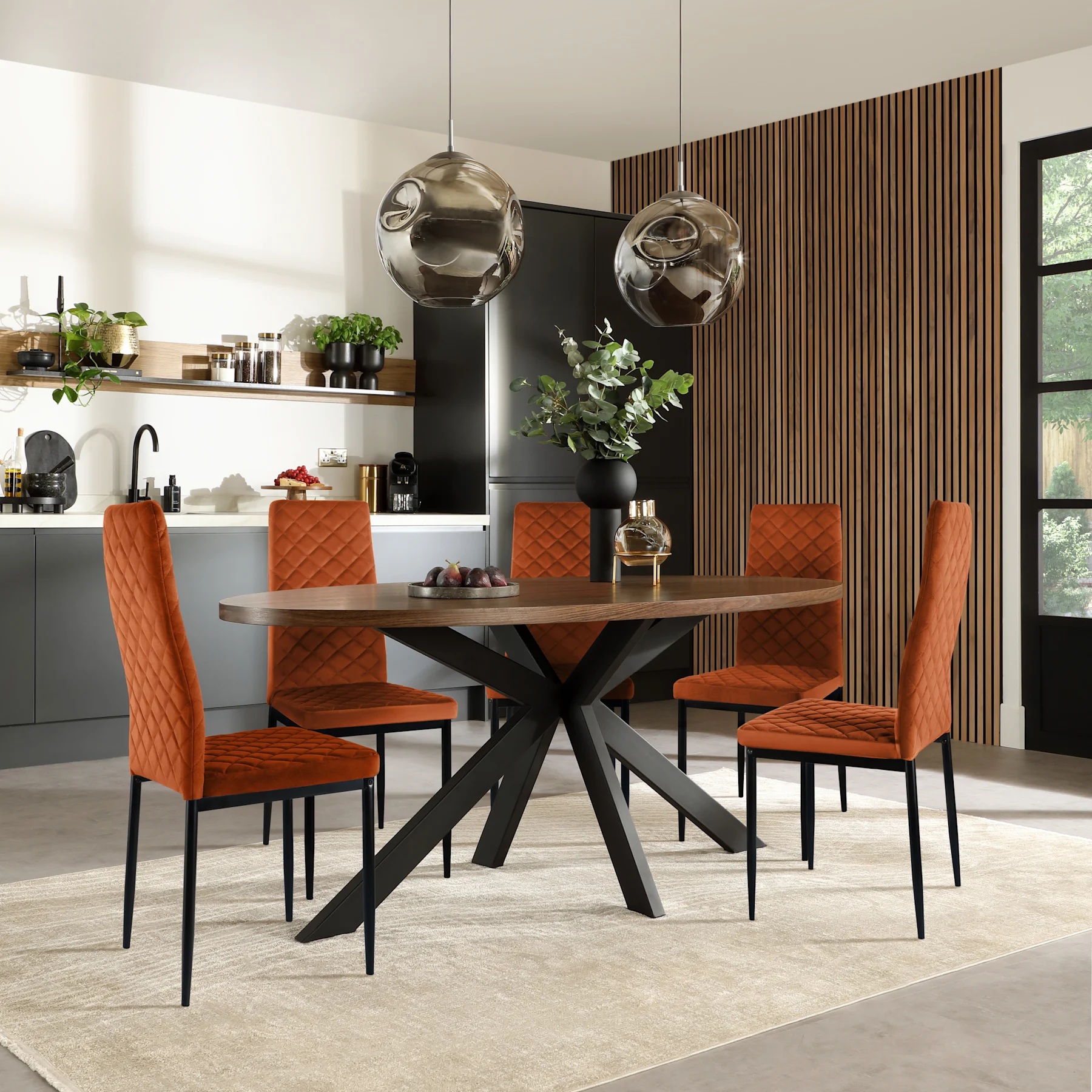 Madison Oval Industrial Dining Table & 6 Renzo  Chairs, Walnut Effect & Black Steel, Burnt Orange Classic Velvet, 150cm