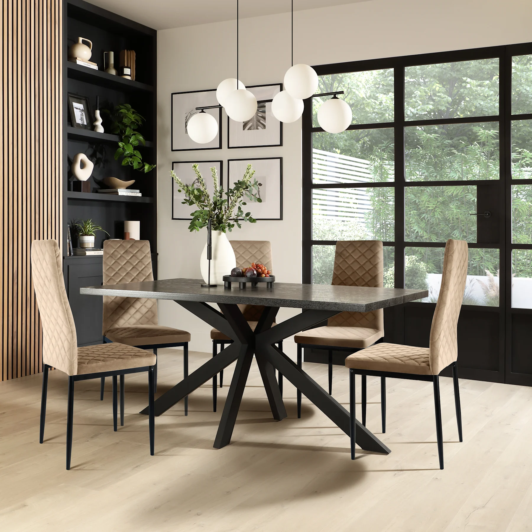 Madison Dining Table & 4 Renzo  Chairs, Black Oak Effect & Black Steel, Champagne Classic Velvet, 150cm