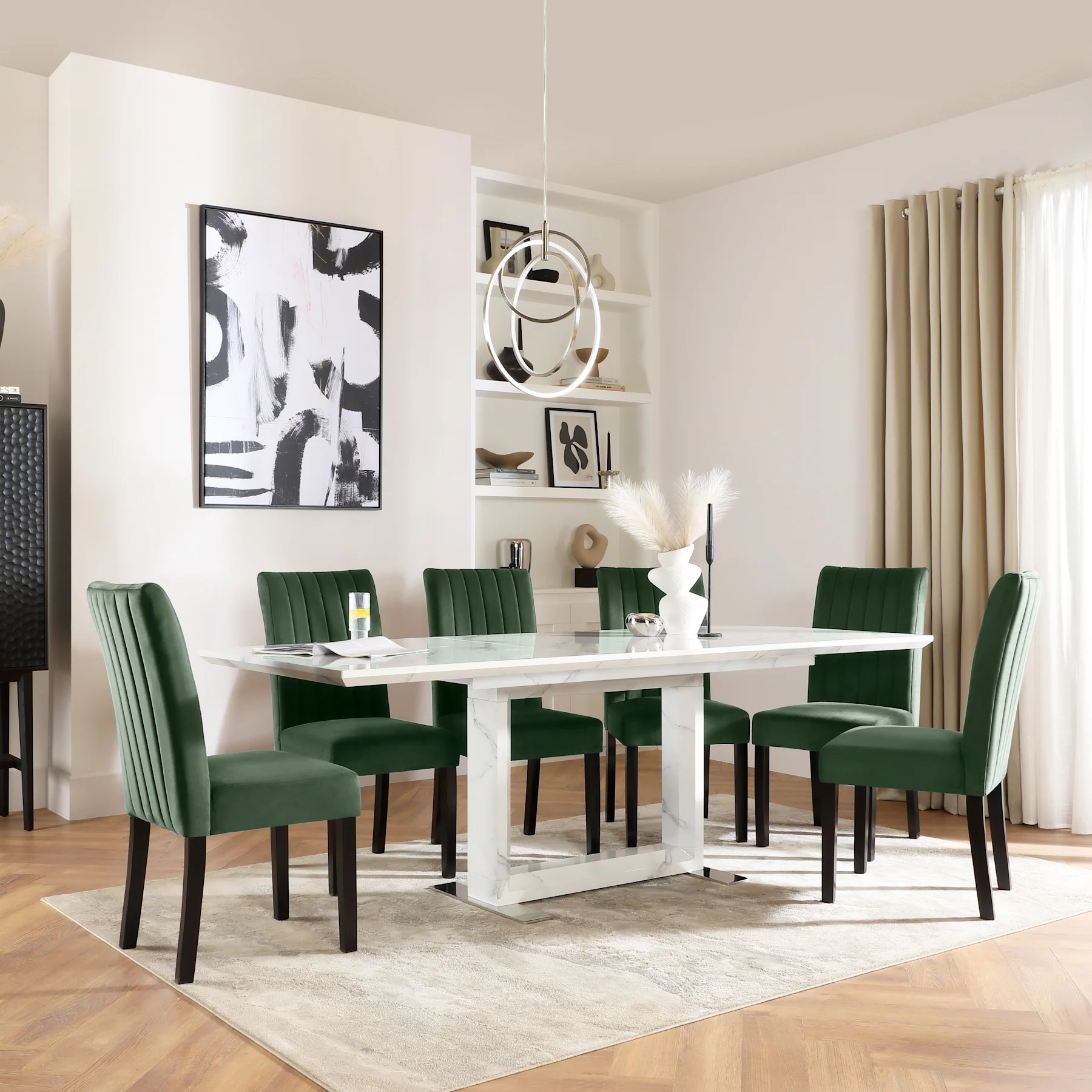Tokyo Extending Dining Table & 8 Salisbury Chairs, White Marble Effect, Moss Green Classic Velvet & Black Solid Hardwood, 160-220cm
