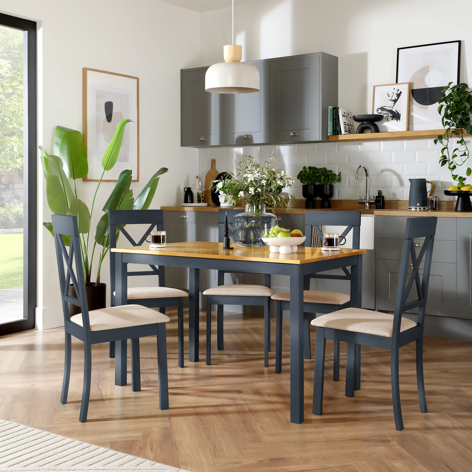 Milton Dining Table & 6 Kendal Chairs, Natural Oak Finish & Slate Blue Solid Hardwood, Oatmeal Classic Linen-Weave Fabric, 120cm