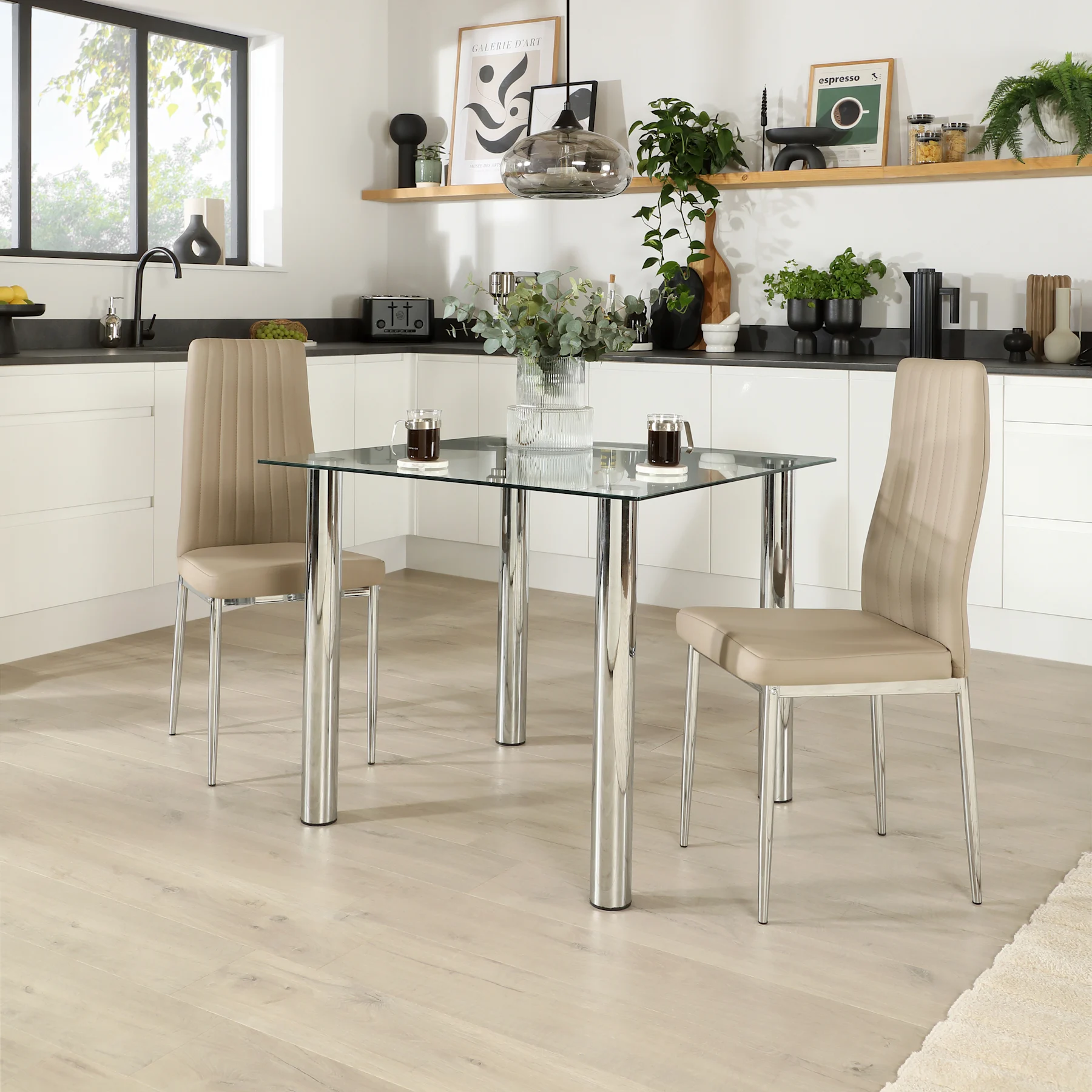 Nova Square Dining Table & 2 Leon Chairs, Glass & Chrome, Stone Grey Premium Faux Leather, 90cm
