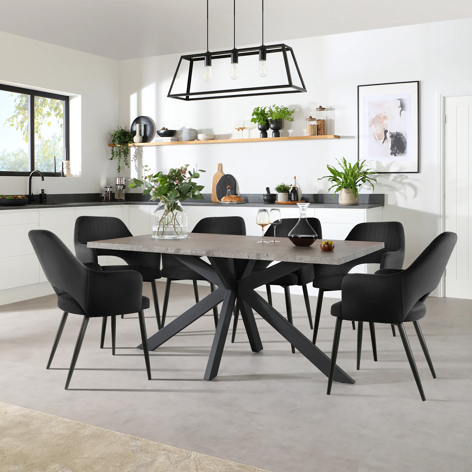 Madison Industrial Dining Table & 4 Clara Chairs, Grey Concrete Effect & Black Steel, Black Classic Velvet, 160cm