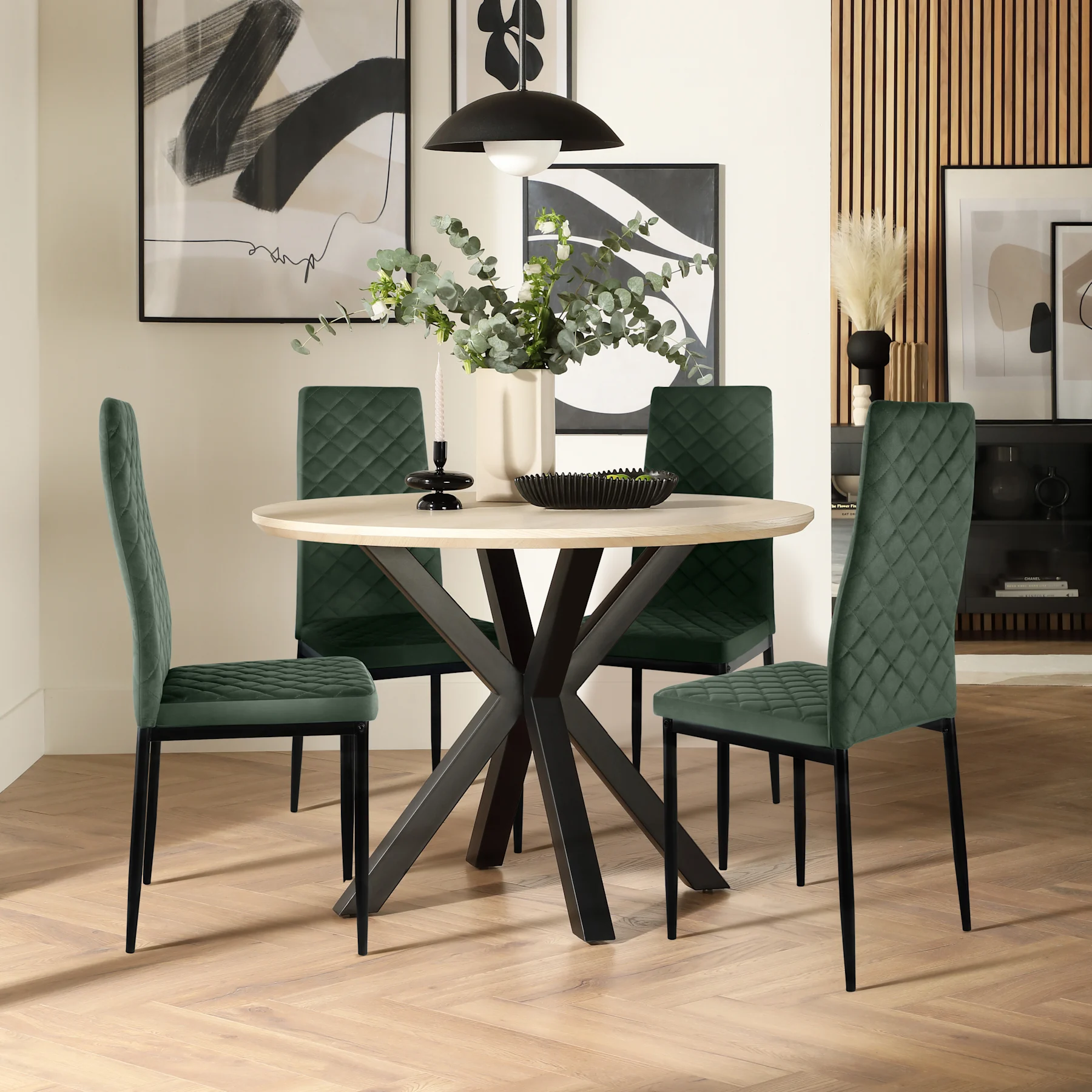 Newark Round Dining Table & 4 Renzo  Chairs, Light Oak Effect & Black Steel, Moss Green Classic Velvet, 150cm