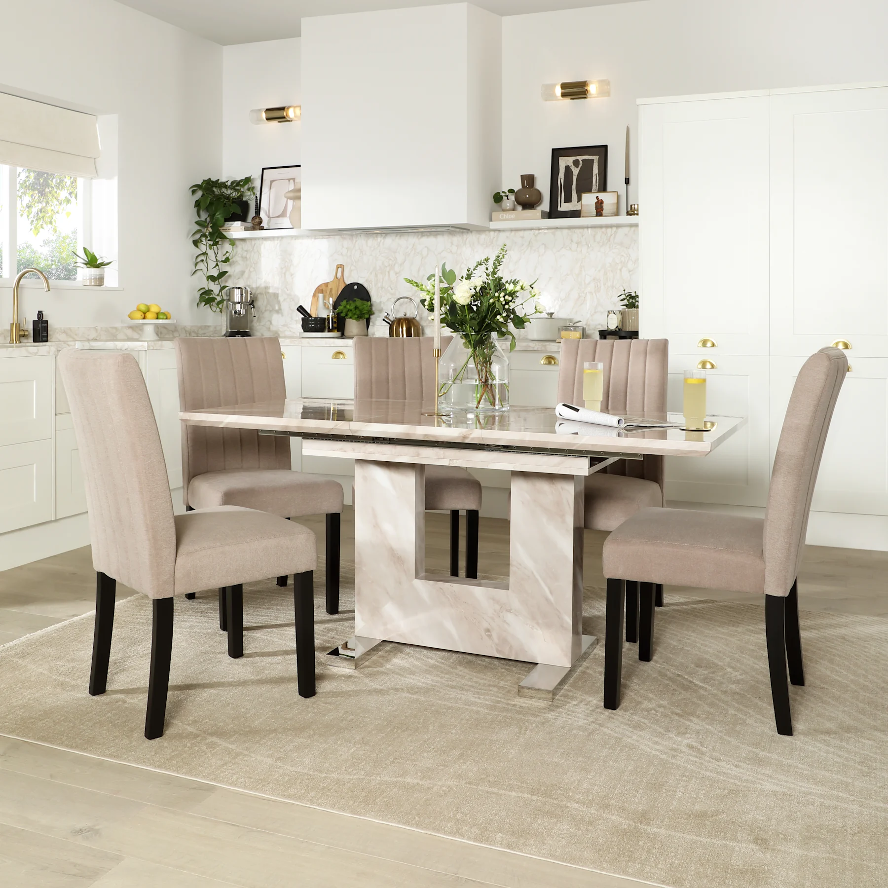 Florence Extending Dining Table & 4 Salisbury Chairs, Beige Marble Effect, Beige Classic Plush Fabric & Black Solid Hardwood, 120-160cm