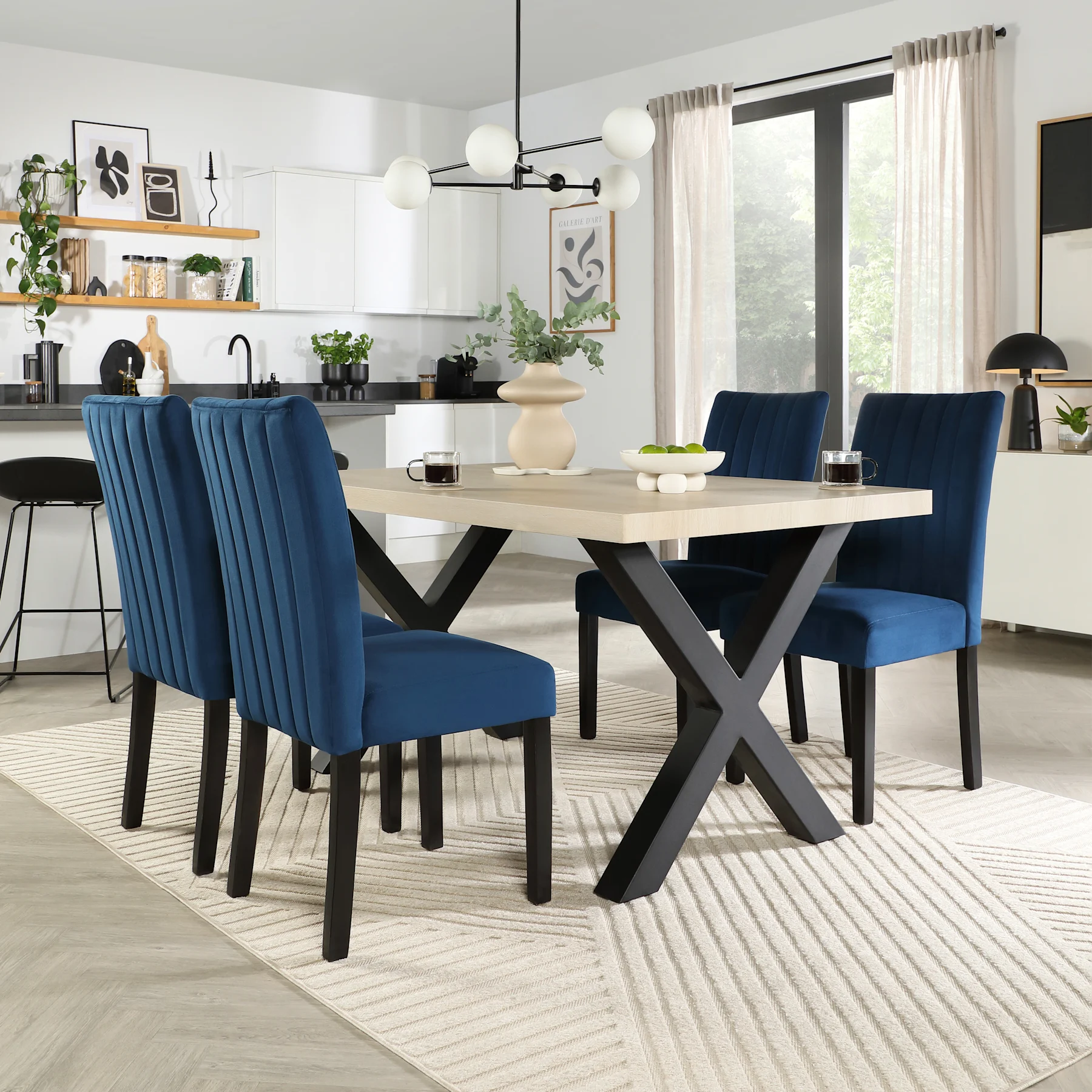 Franklin Dining Table & 4 Salisbury Chairs, Light Oak Effect & Black Steel, Blue Classic Velvet & Black Solid Hardwood, 150cm