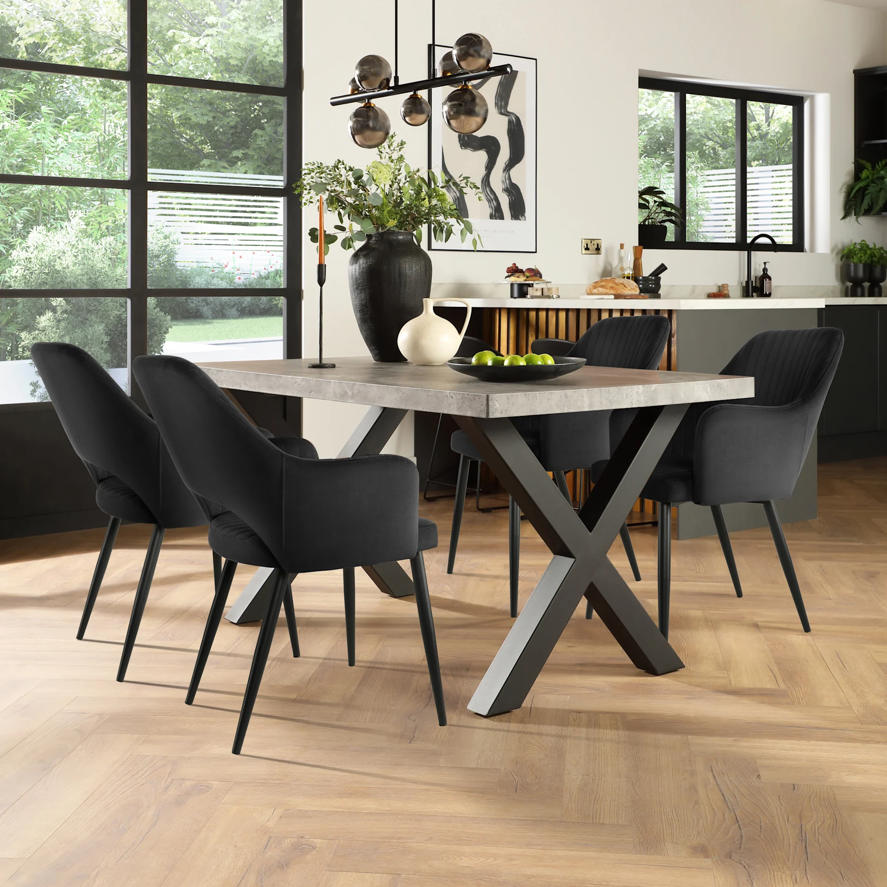 Franklin Industrial Dining Table & 4 Clara Chairs, Grey Concrete Effect & Black Steel, Black Classic Velvet, 150cm