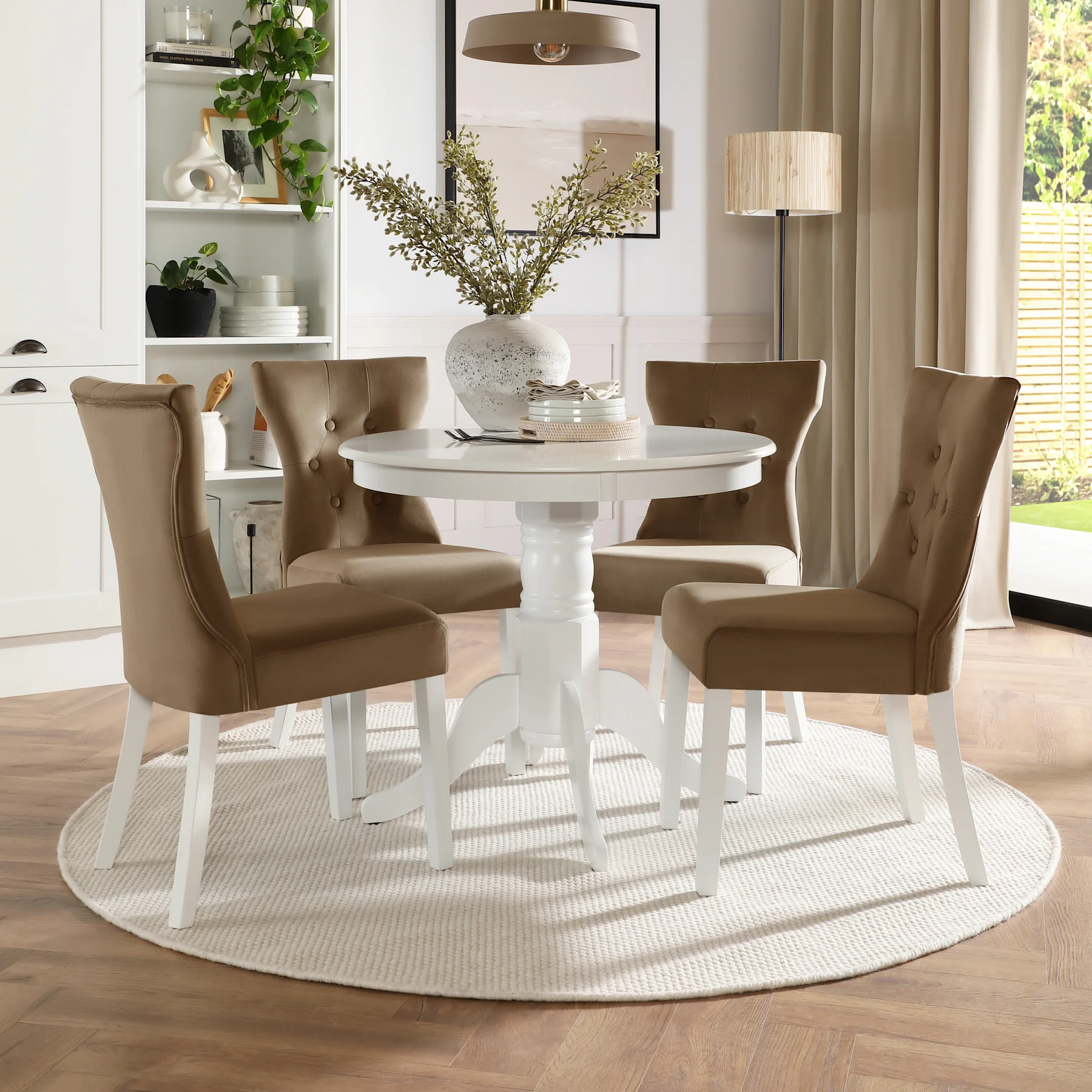 Kingston Round Dining Table & 2 Bewley Chairs, White Wood, Beige Classic Velvet, 90cm