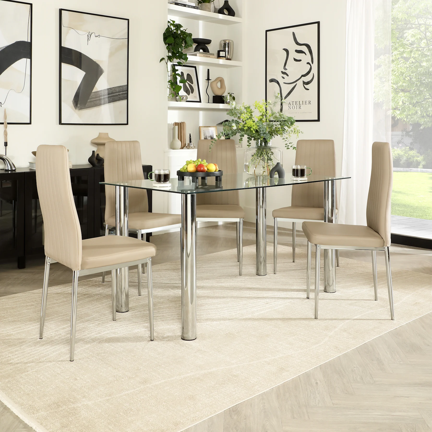 Lunar Dining Table & 4 Leon Chairs, Glass & Chrome, Stone Grey Premium Faux Leather, 140cm