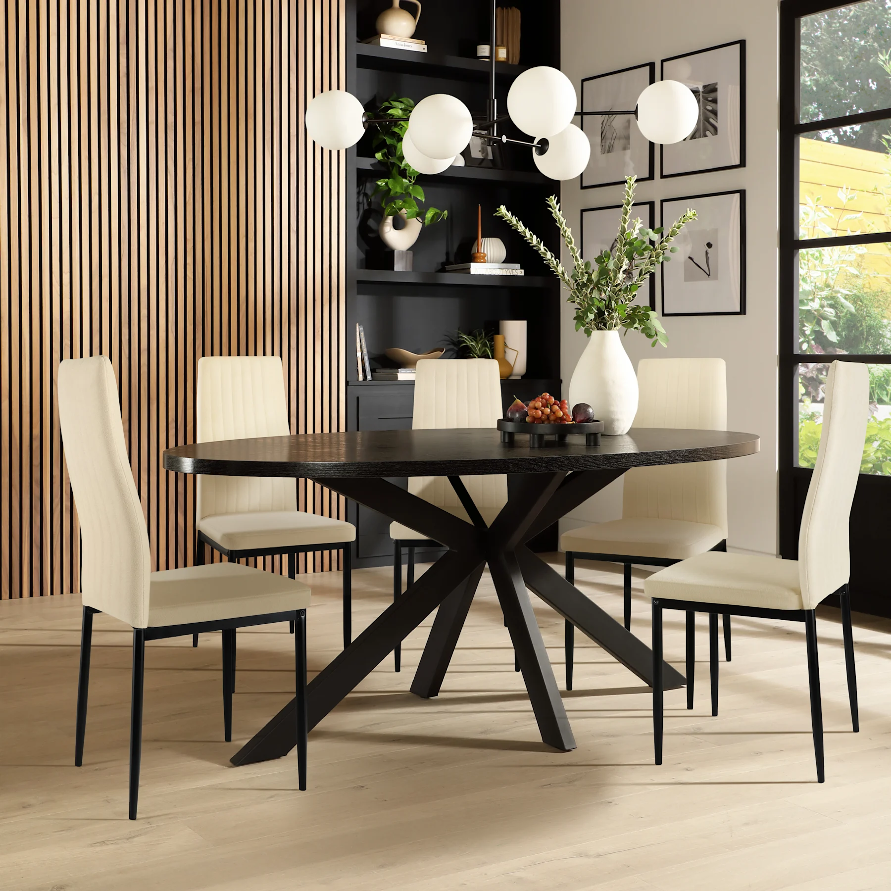 Madison Oval Dining Table & 4 Leon  Chairs, Black Oak Effect & Black Steel, Ivory Classic Plush Fabric, 150cm