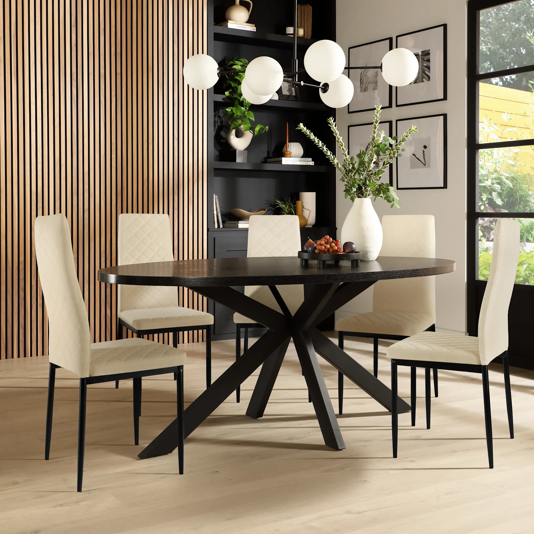 Madison Oval Dining Table & 4 Renzo  Chairs, Black Oak Effect & Black Steel, Ivory Classic Plush Fabric, 150cm