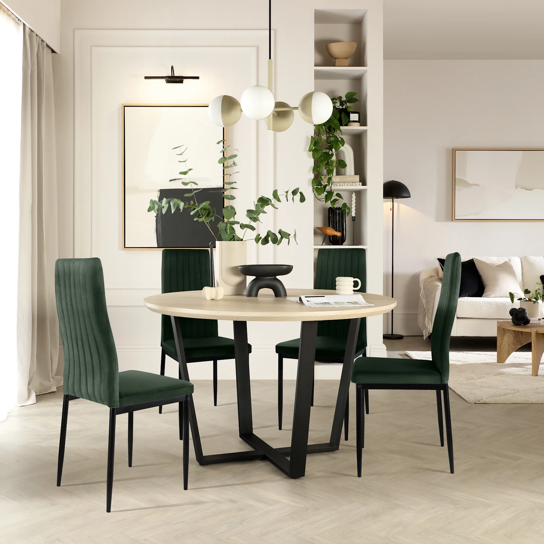 Traviso Round Dining Table & 4 Leon Chairs, Light Oak Effect & Black Steel, Moss Green Classic Velvet, 120cm