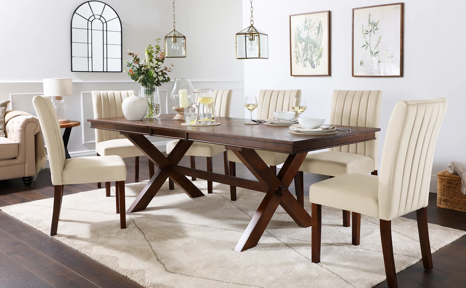 Grange Extending Dining Table & 6 Salisbury Chairs, Dark Oak Veneer & Solid Hardwood, Ivory Classic Plush Fabric & Dark Solid Hardwood, 180-220cm