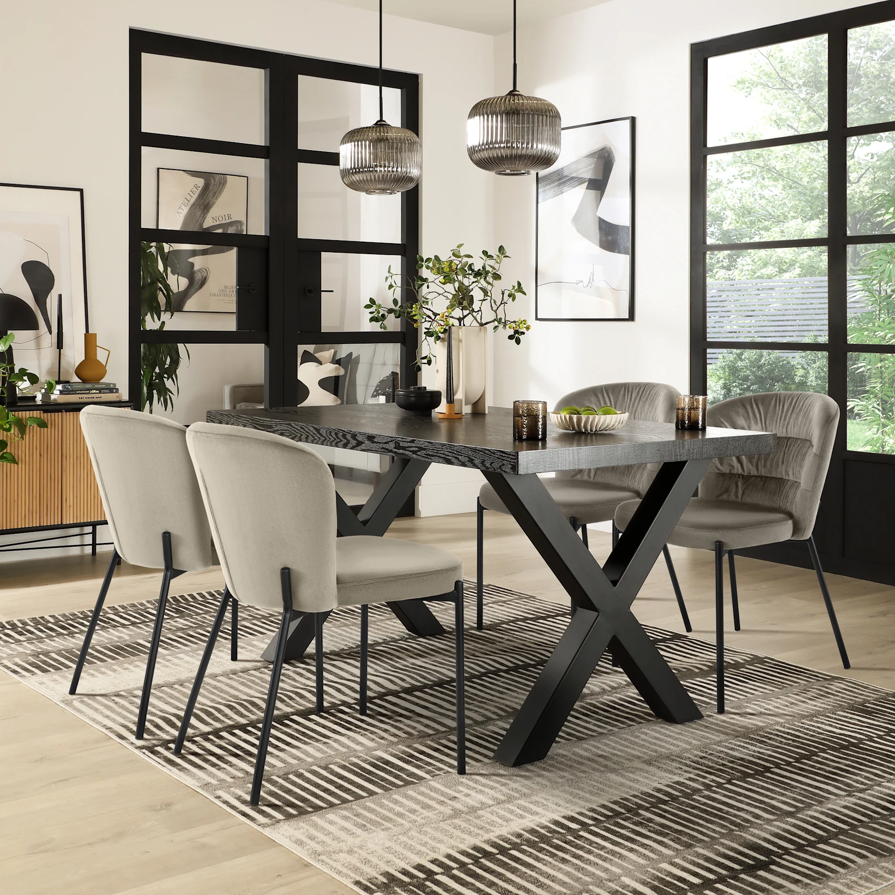Franklin Dining Table & 4 Gianna Chairs, Black Oak Effect & Black Steel, Grey Classic Velvet, 150cm