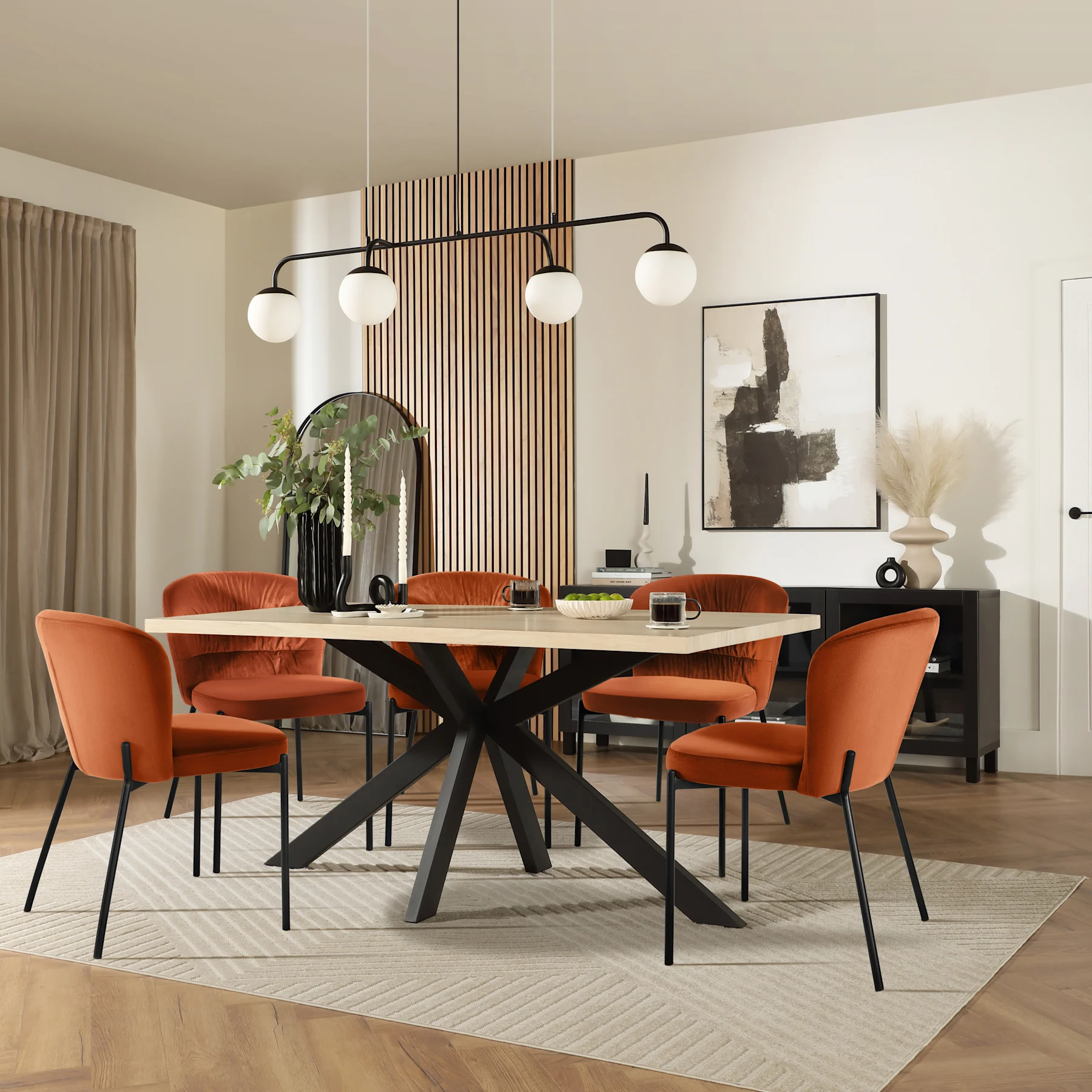 Madison Dining Table & 4 Gianna Chairs, Light Oak Effect & Black Steel, Burnt Orange Classic Velvet, 160cm