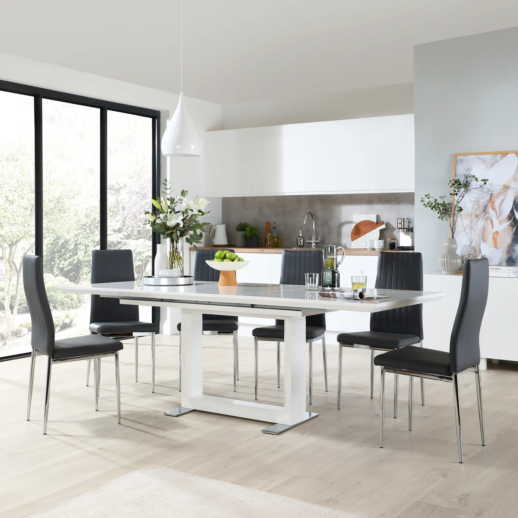 Tokyo Extending Dining Table & 4 Leon Chairs, White High Gloss, Grey Premium Faux Leather & Chrome, 160-220cm
