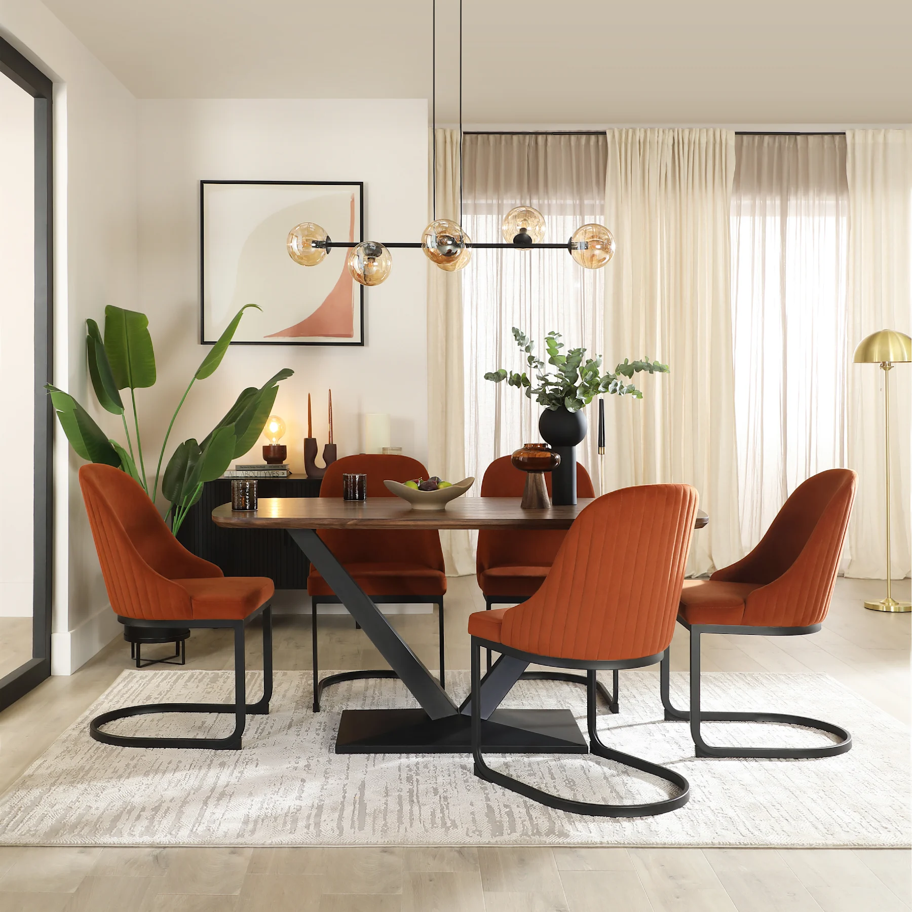 Avanta Dining Table & 6 Riva Dining Chairs, Walnut Effect & Black Steel, Burnt Orange Classic Velvet, 160cm