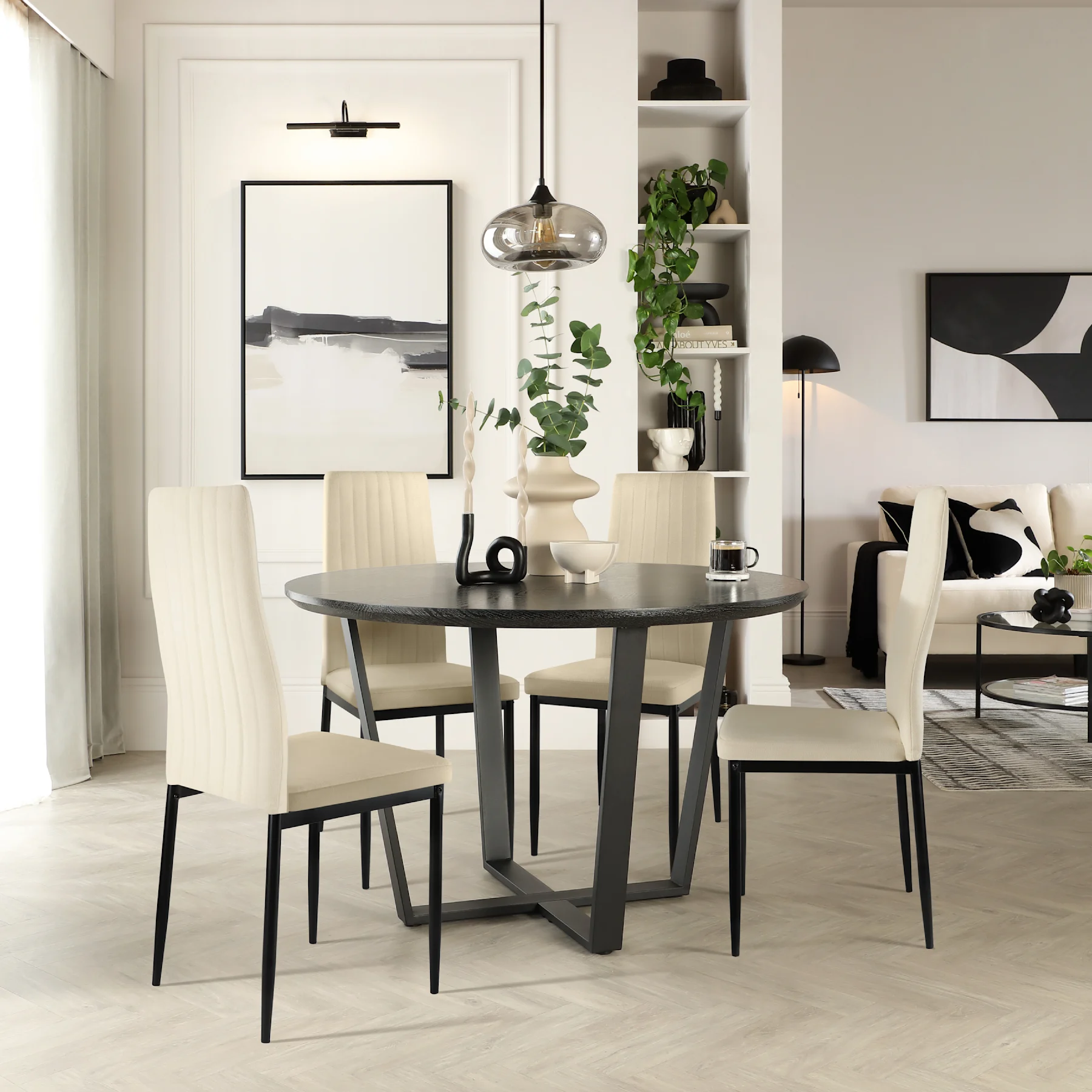 Traviso Round Dining Table & 4 Leon Chairs, Black Oak Effect & Black Steel, Ivory Classic Plush Fabric, 120cm