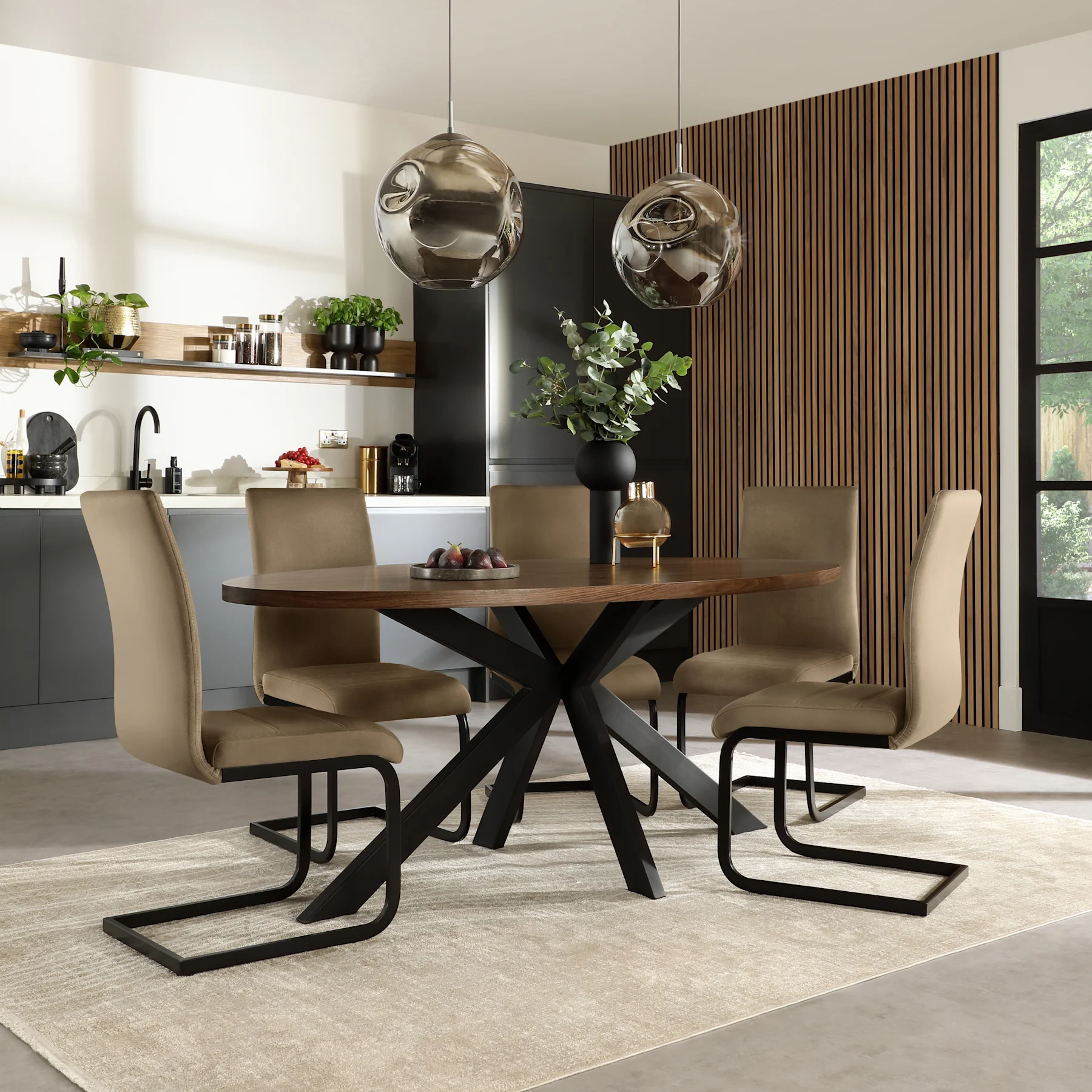 Madison Oval Industrial Dining Table & 6 Perth Chairs, Walnut Effect & Black Steel, Beige Classic Velvet, 180cm