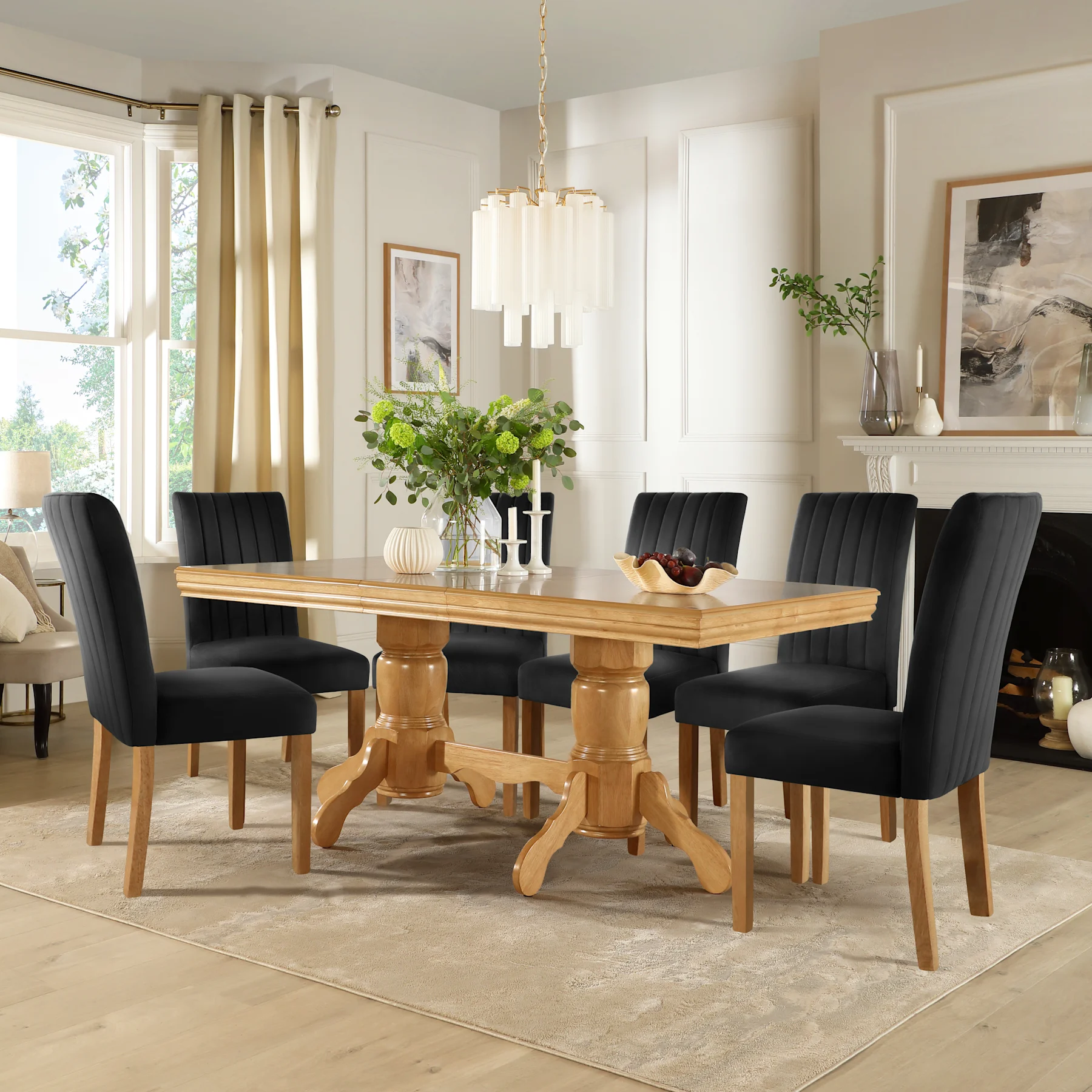Chatsworth Extending Dining Table & 4 Salisbury Chairs, Natural Oak Finished Birch Veneer & Solid Hardwood, Black Classic Velvet & Natural Oak Finished Solid Hardwood, 150-180cm