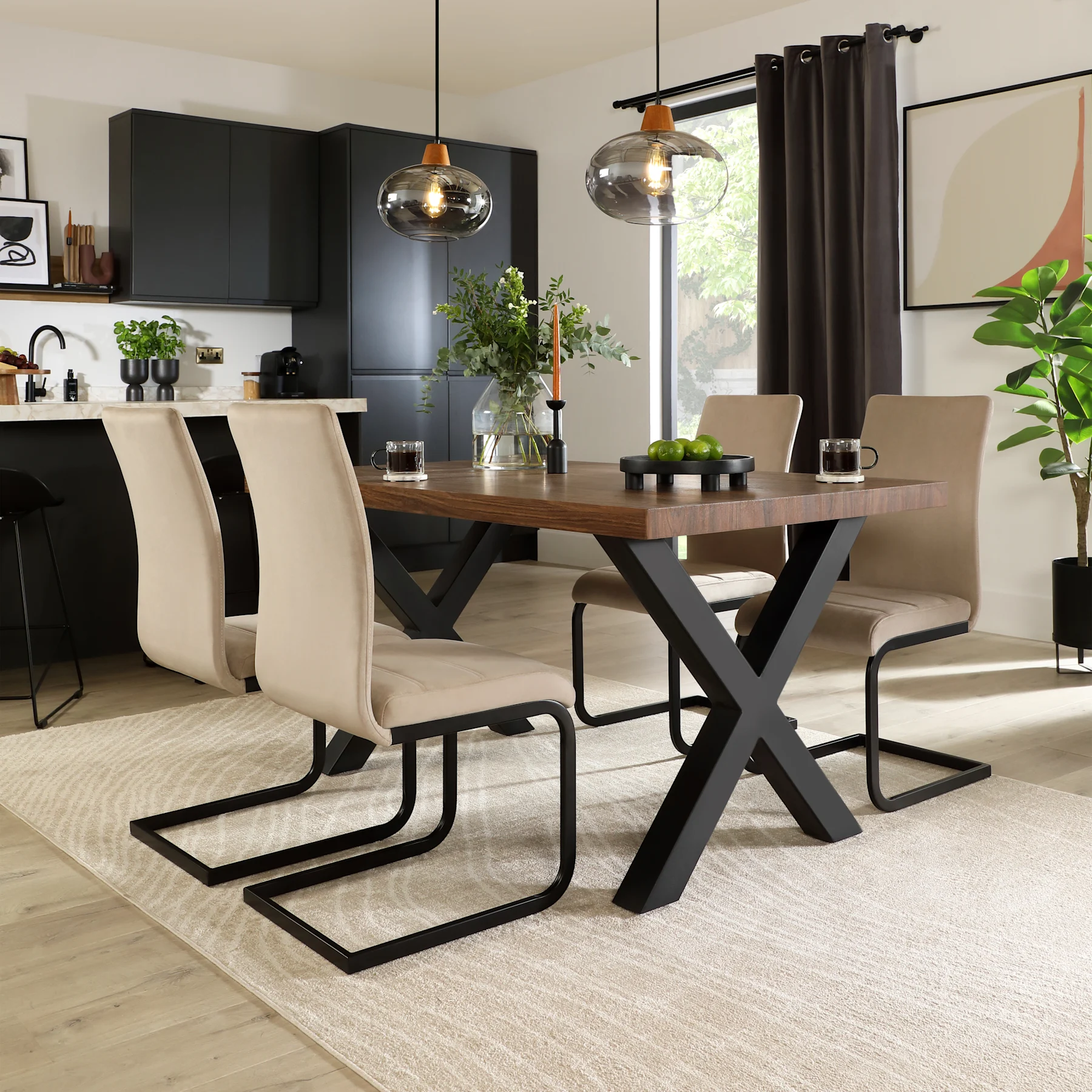 Franklin Industrial Dining Table & 4 Perth Chairs, Walnut Effect & Black Steel, Champagne Classic Velvet, 150cm