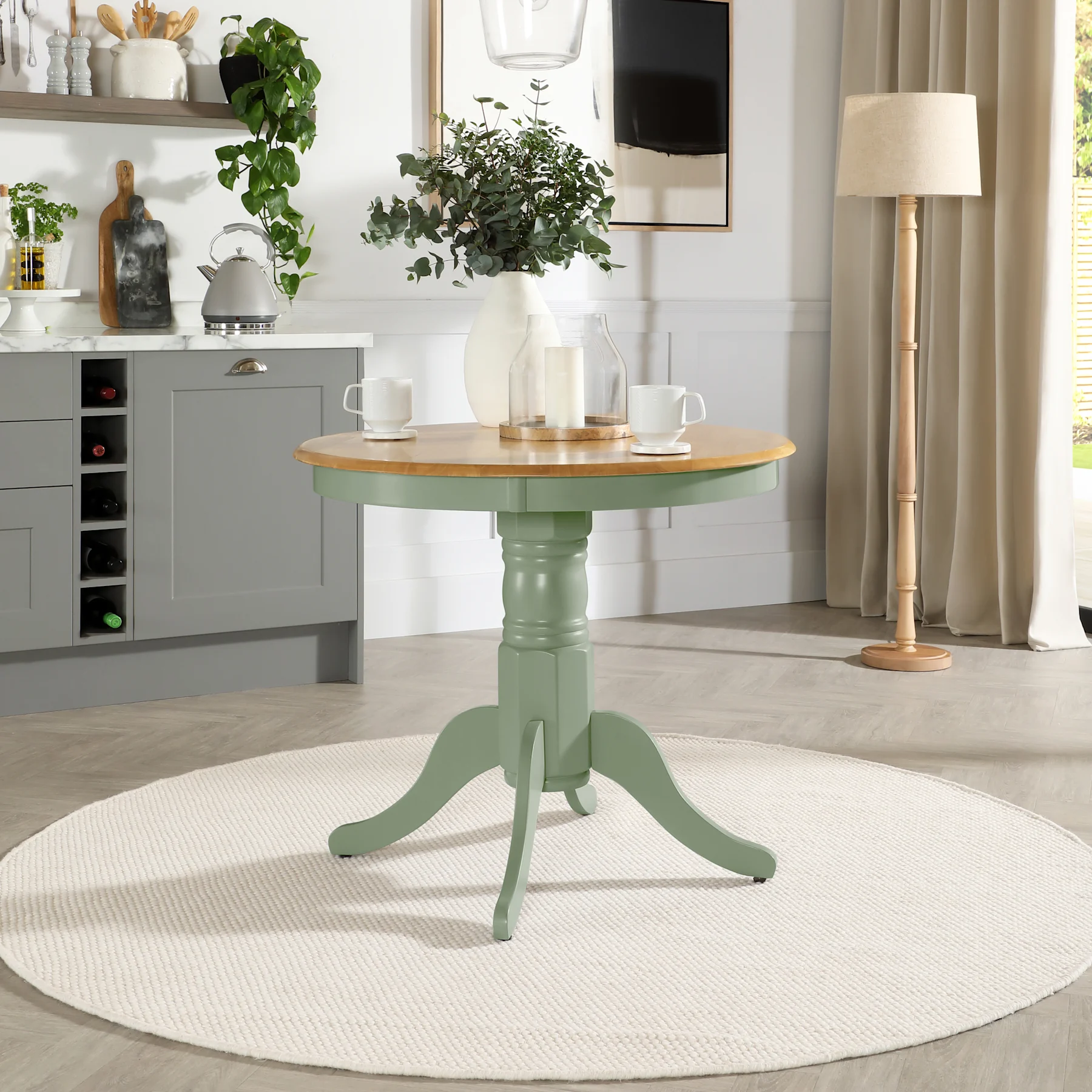 Kingston Round Dining Table, 90cm, Natural Oak Finish & Sage Green Solid Hardwood