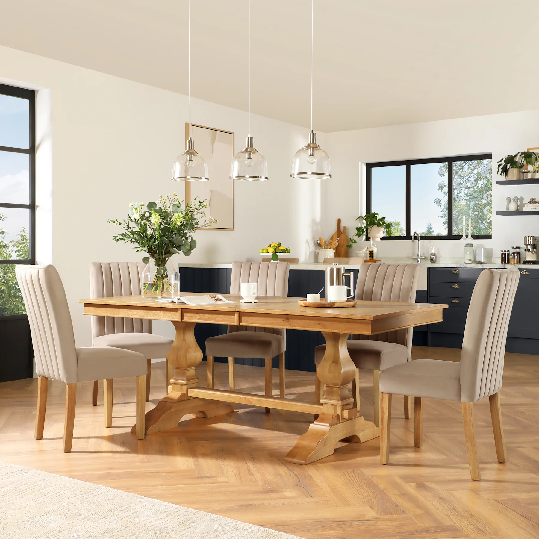 Cavendish Extending Dining Table & 6 Salisbury Chairs, Natural Oak Veneer & Solid Hardwood, Beige Classic Plush Fabric & Natural Oak Finished Solid Hardwood, 160-200cm