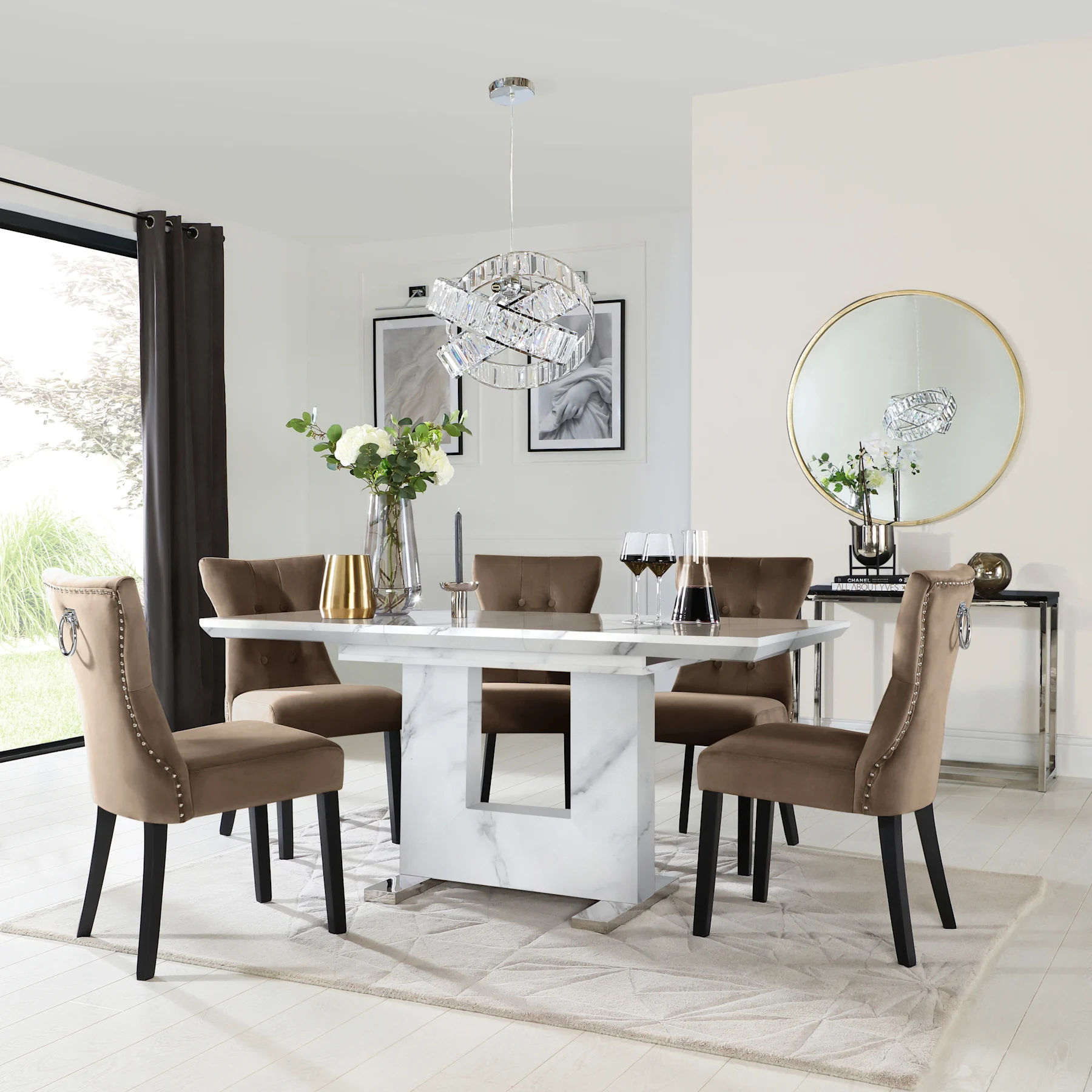 Florence Extending Dining Table & 4 Kensington Chairs, White Marble Effect, Beige Classic Velvet & Black Solid Hardwood, 120-160cm
