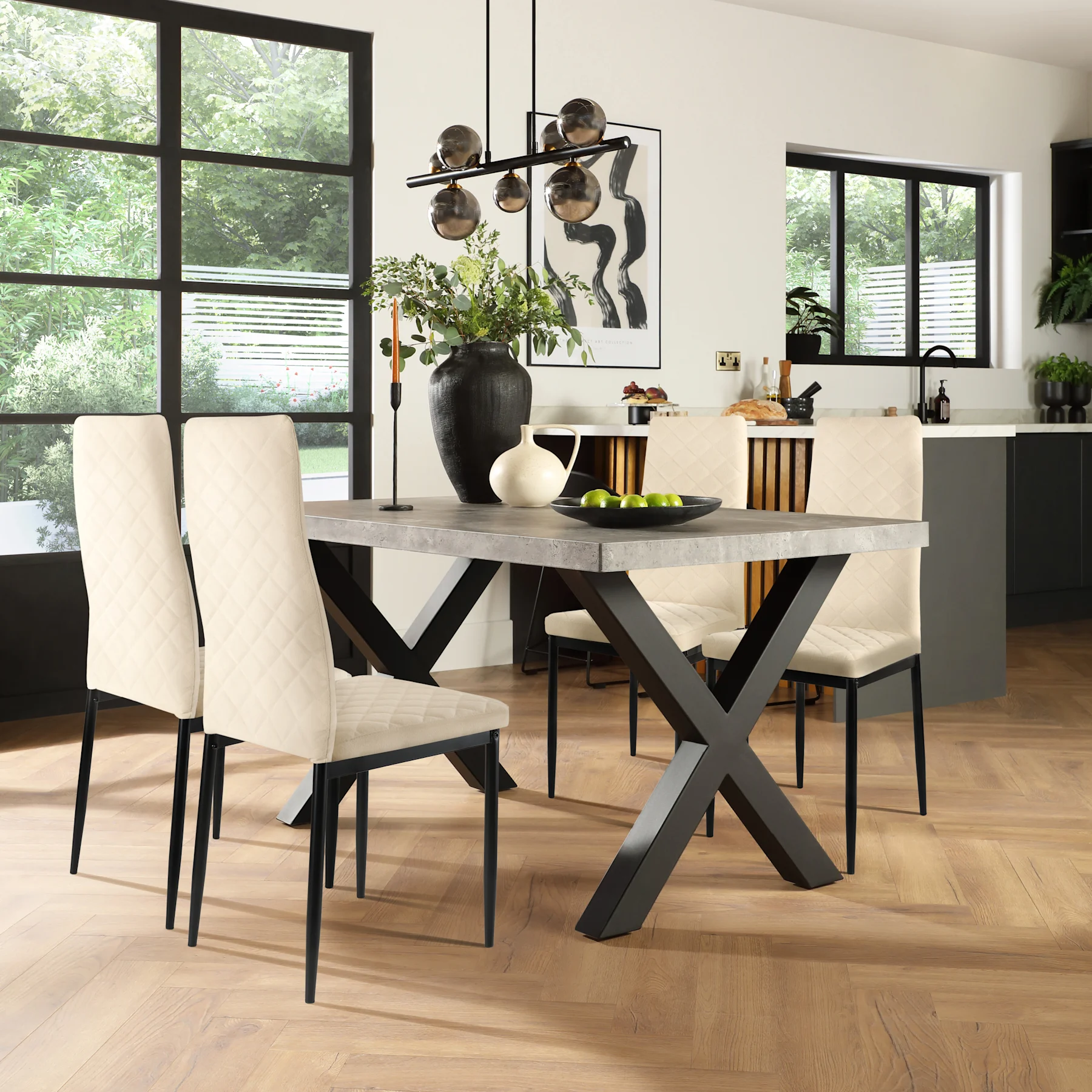 Franklin Industrial Dining Table & 4 Renzo  Chairs, Grey Concrete Effect & Black Steel, Ivory Classic Plush Fabric, 150cm