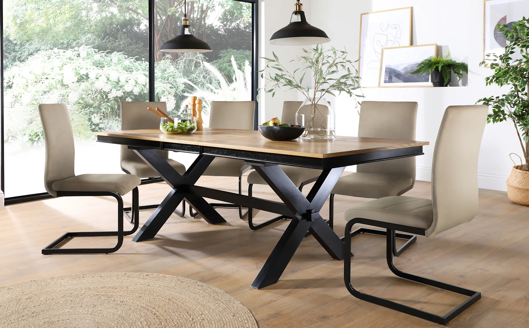 Grange Extending Dining Table & 8 Perth Chairs, Natural Oak Veneer & Black Solid Hardwood, Champagne Classic Velvet & Black Steel, 180-220cm