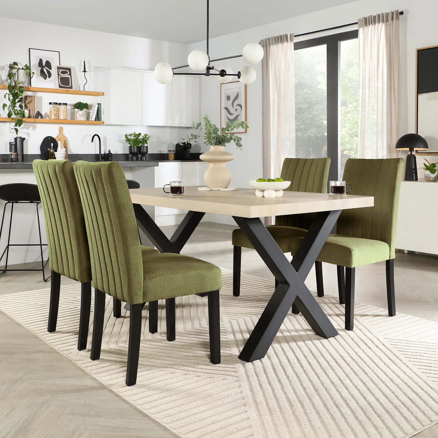 Franklin Dining Table & 4 Salisbury Chairs, Light Oak Effect & Black Steel, Olive Green Classic Plush Fabric & Black Solid Hardwood, 150cm