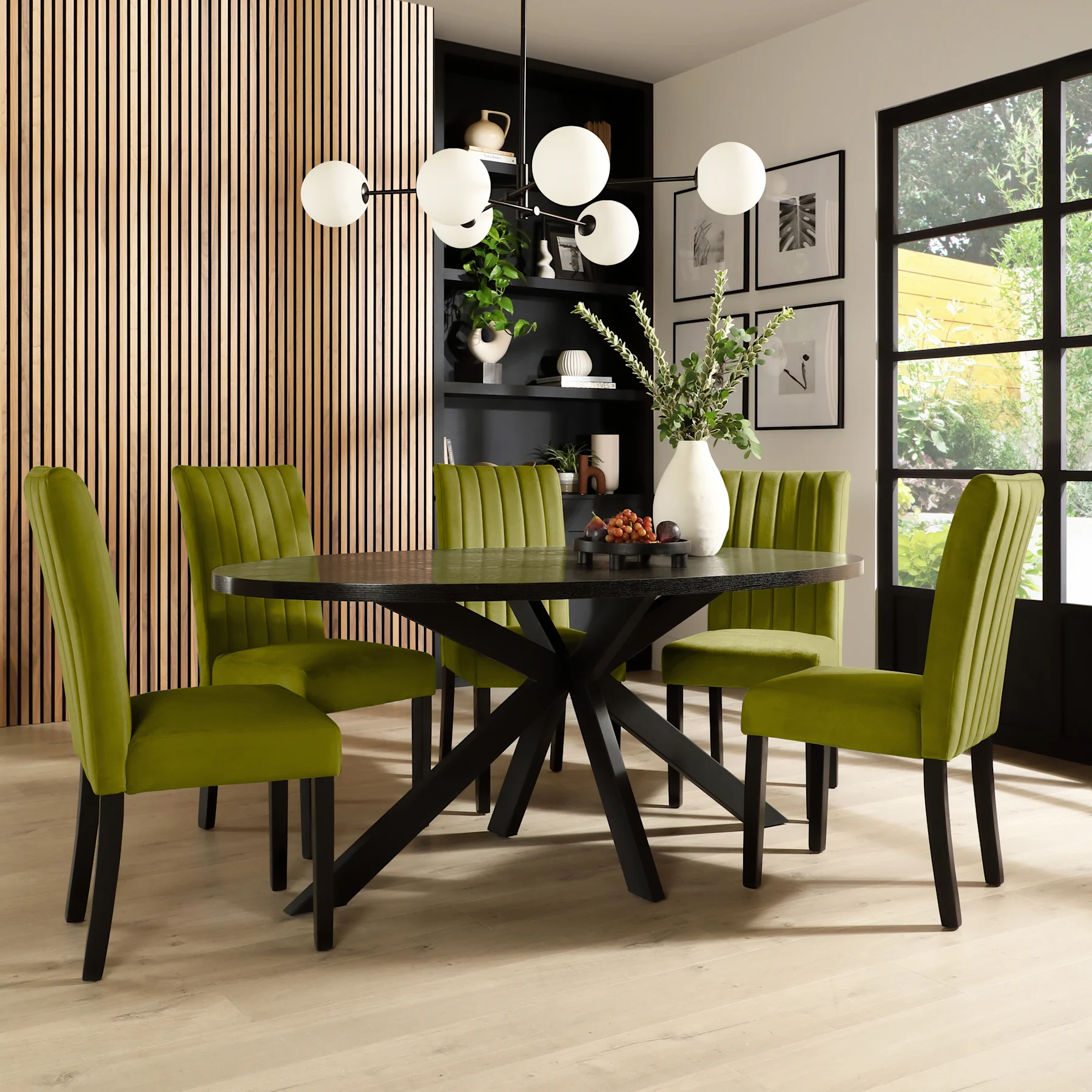 Madison Oval Dining Table & 6 Salisbury Chairs, Black Oak Effect & Black Steel, Olive Green Classic Velvet & Black Solid Hardwood, 180cm