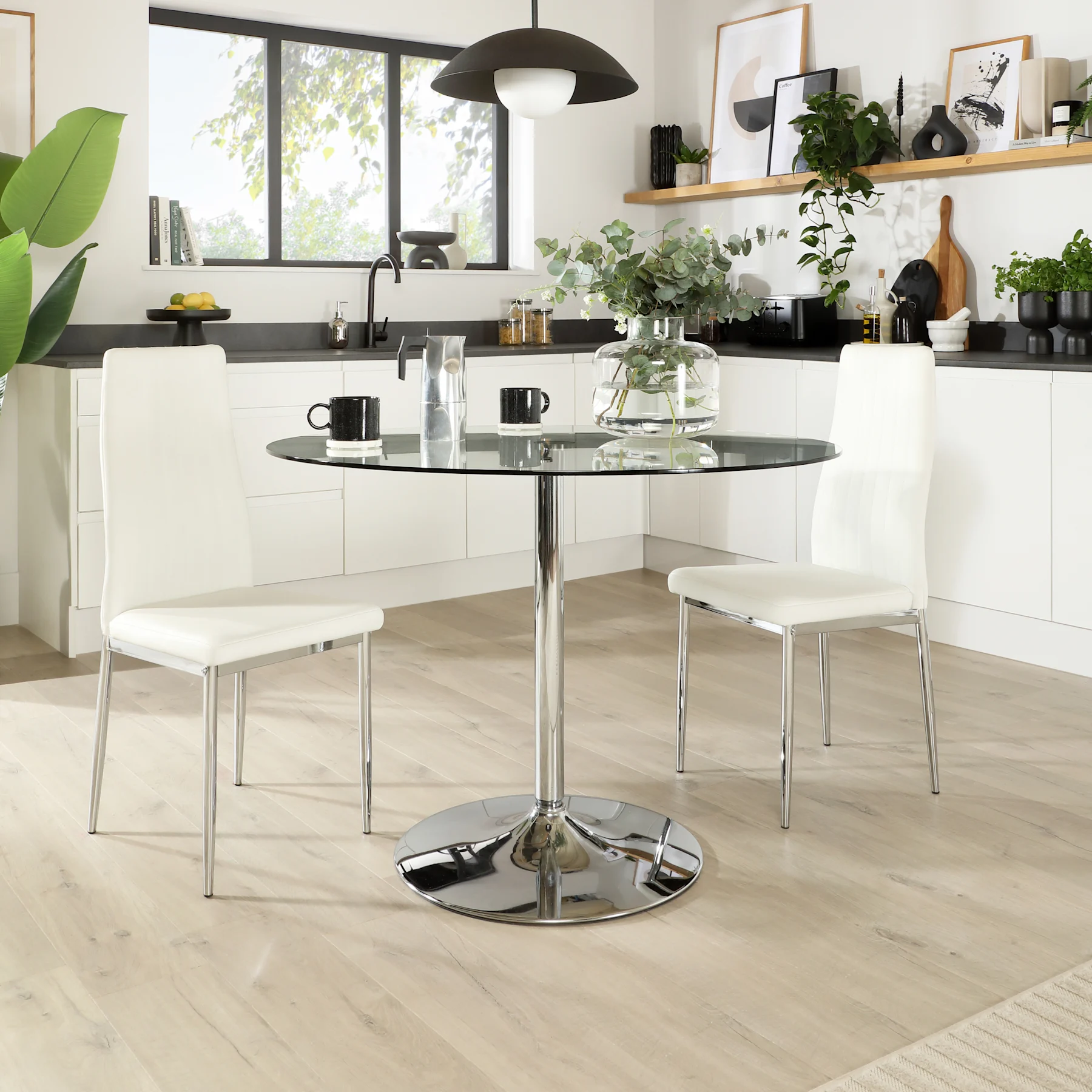 Orbit Round Dining Table & 2 Leon Chairs, Glass & Chrome, White Premium Faux Leather, 110cm