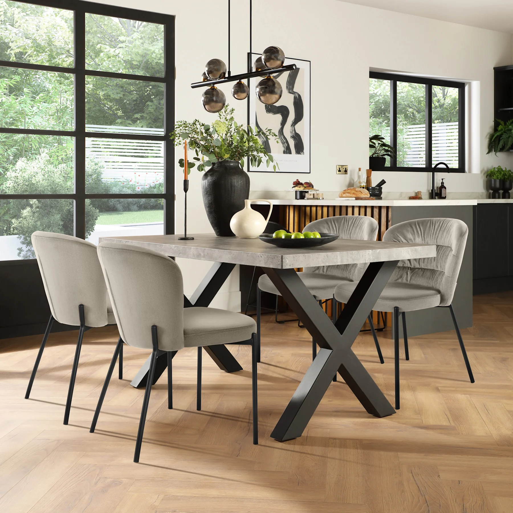 Franklin Industrial Dining Table & 4 Gianna Chairs, Grey Concrete Effect & Black Steel, Grey Classic Velvet, 150cm