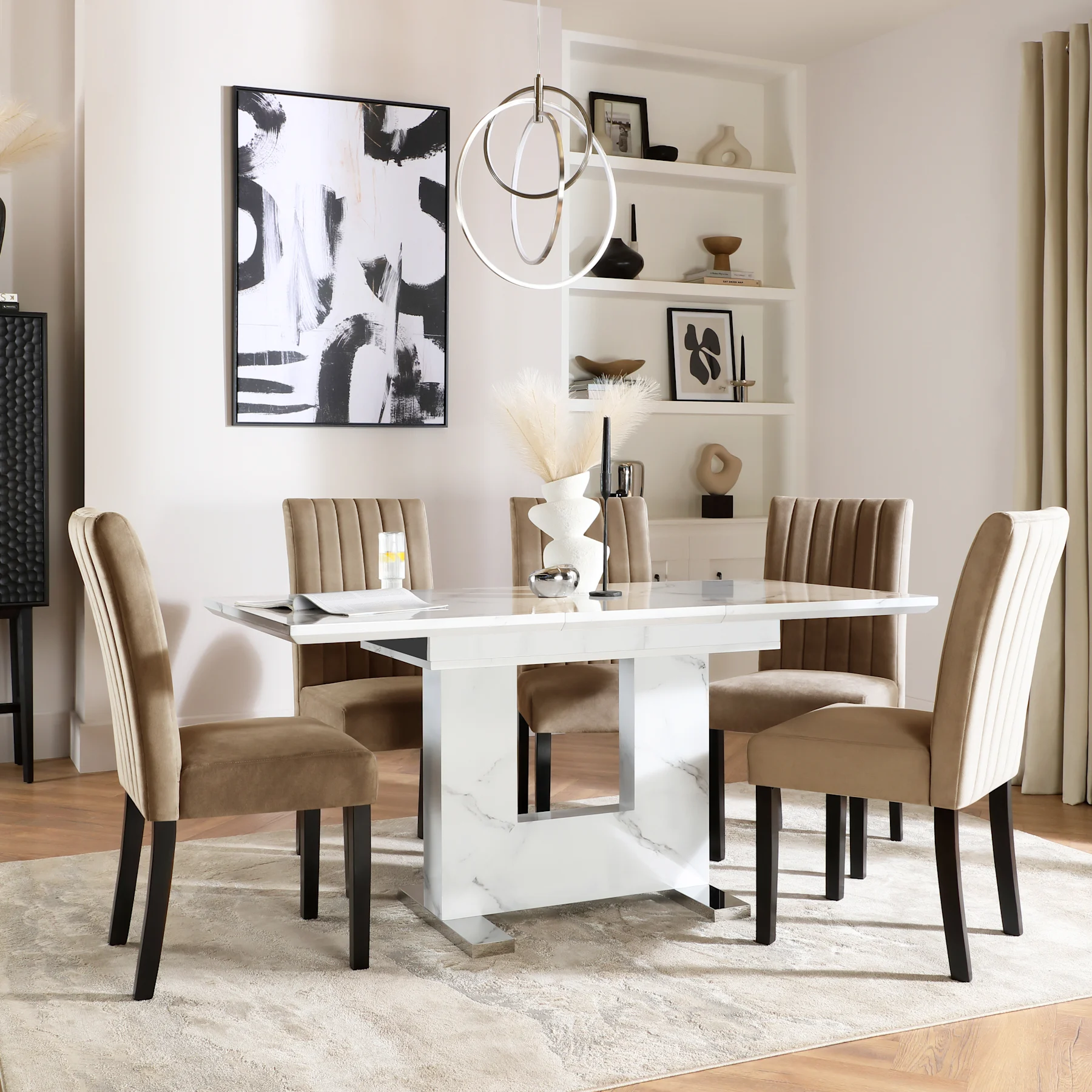 Florence Extending Dining Table & 6 Salisbury Chairs, White Marble Effect, Beige Classic Velvet & Black Solid Hardwood, 120-160cm