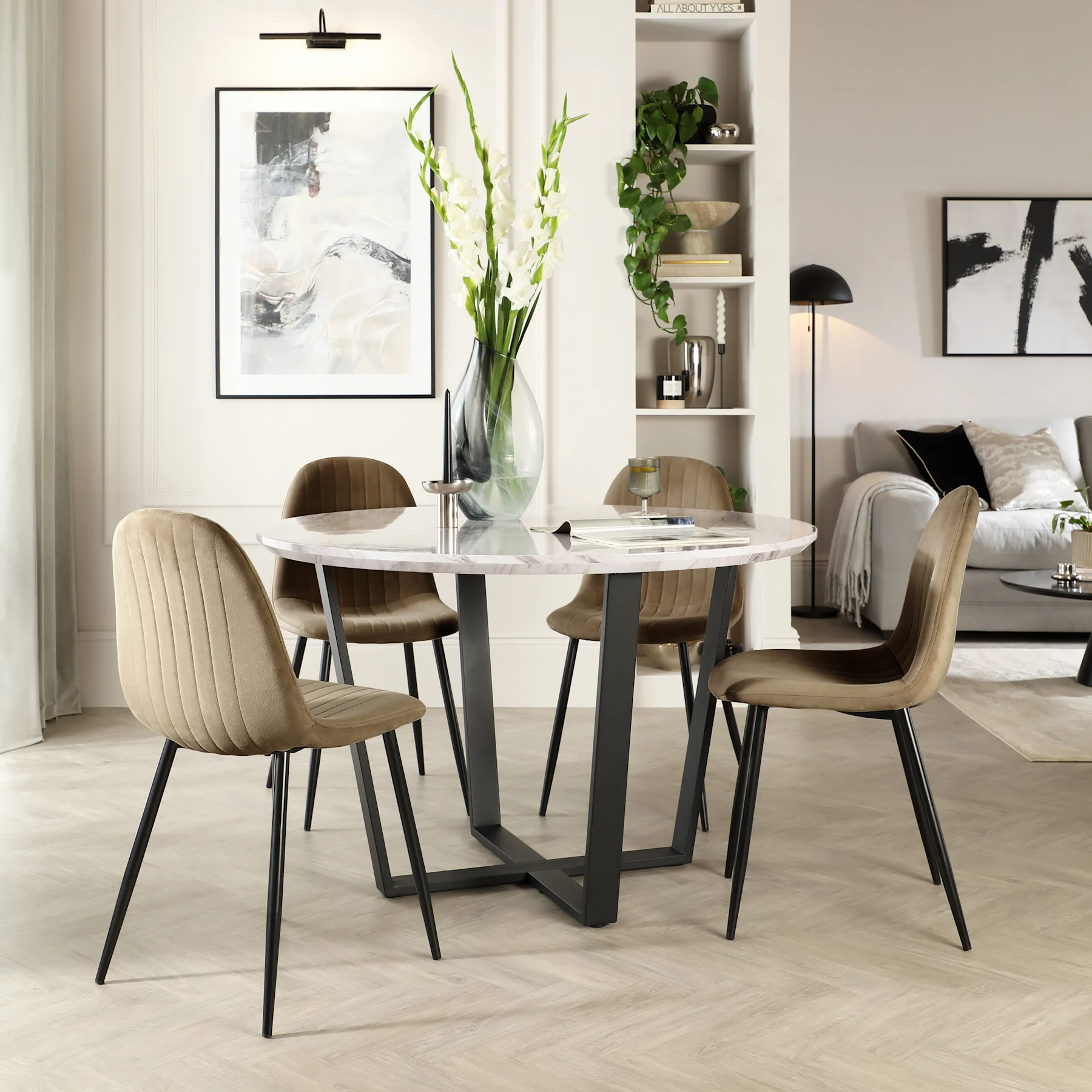 Traviso Round Dining Table & 4 Brooklyn Chairs, Grey Marble Effect & Black Steel, Beige Classic Velvet, 120cm