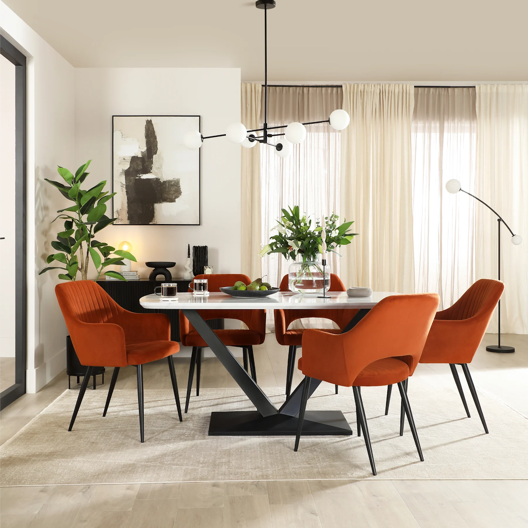 Avanta Dining Table & 6 Clara Dining Chairs, White Marble Effect & Black Steel, Burnt Orange Classic Velvet, 160cm