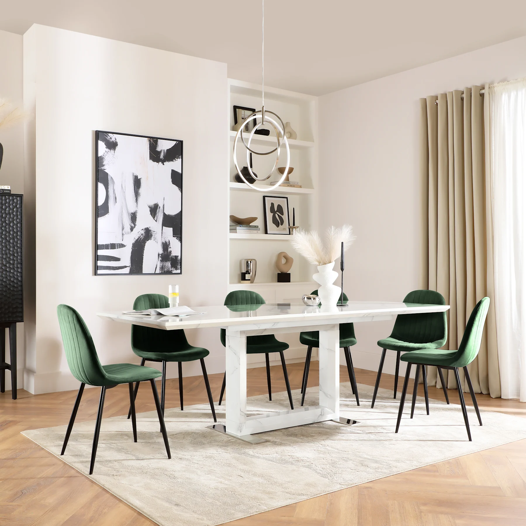 Tokyo Extending Dining Table & 8 Brooklyn Chairs, White Marble Effect, Moss Green Classic Velvet & Black Steel, 160-220cm