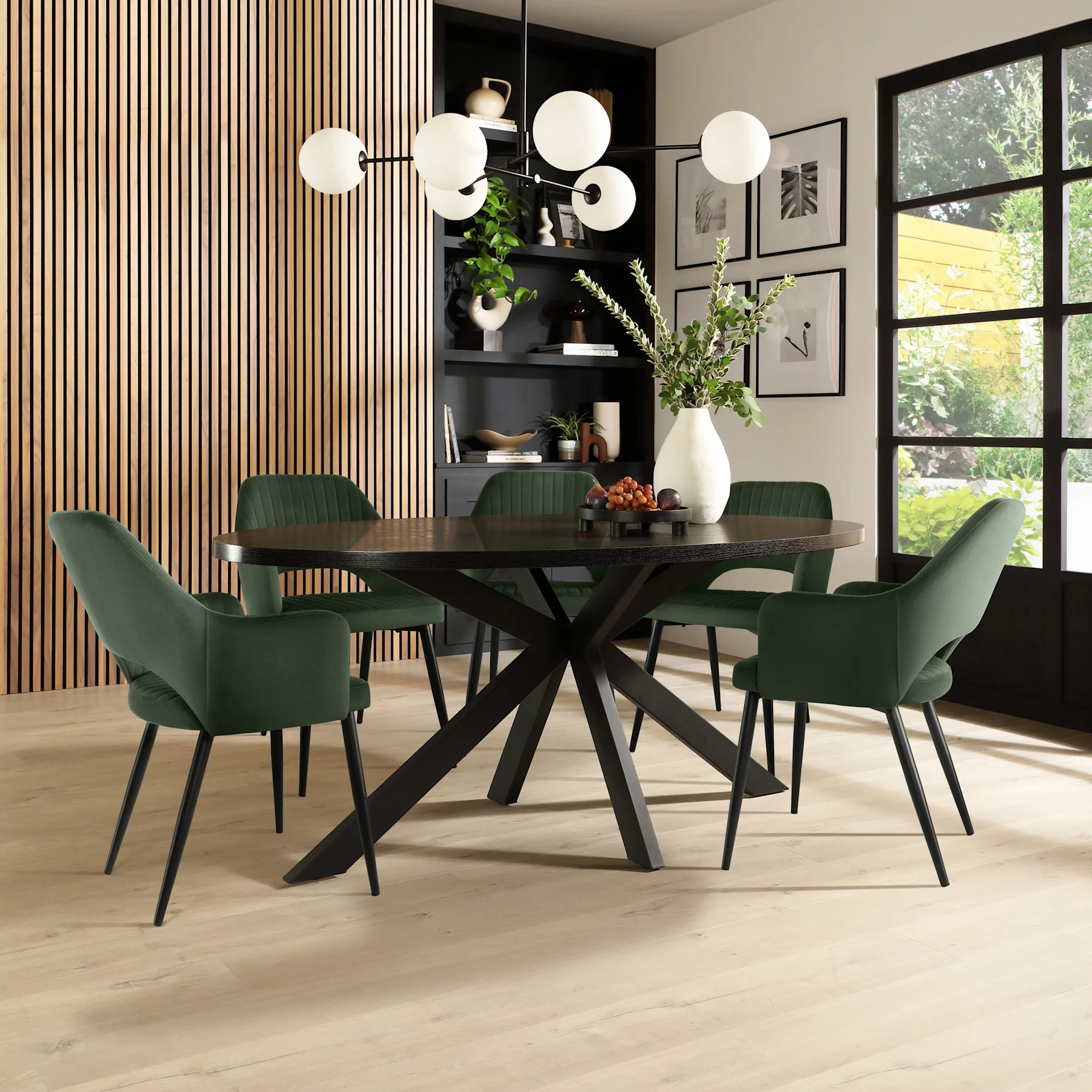 Madison Oval Dining Table & 6 Clara Chairs, Black Oak Effect & Black Steel, Moss Green Classic Velvet, 180cm
