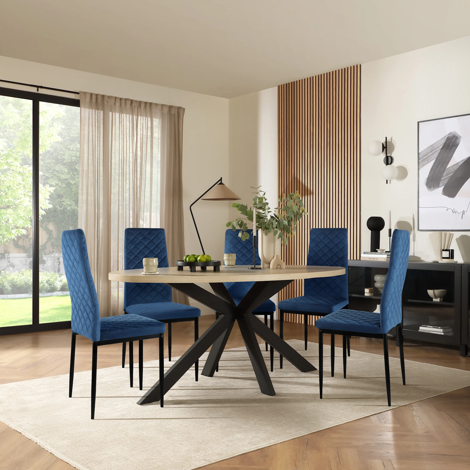 Madison Oval Dining Table & 6 Renzo  Chairs, Light Oak Effect & Black Steel, Blue Classic Velvet, 150cm
