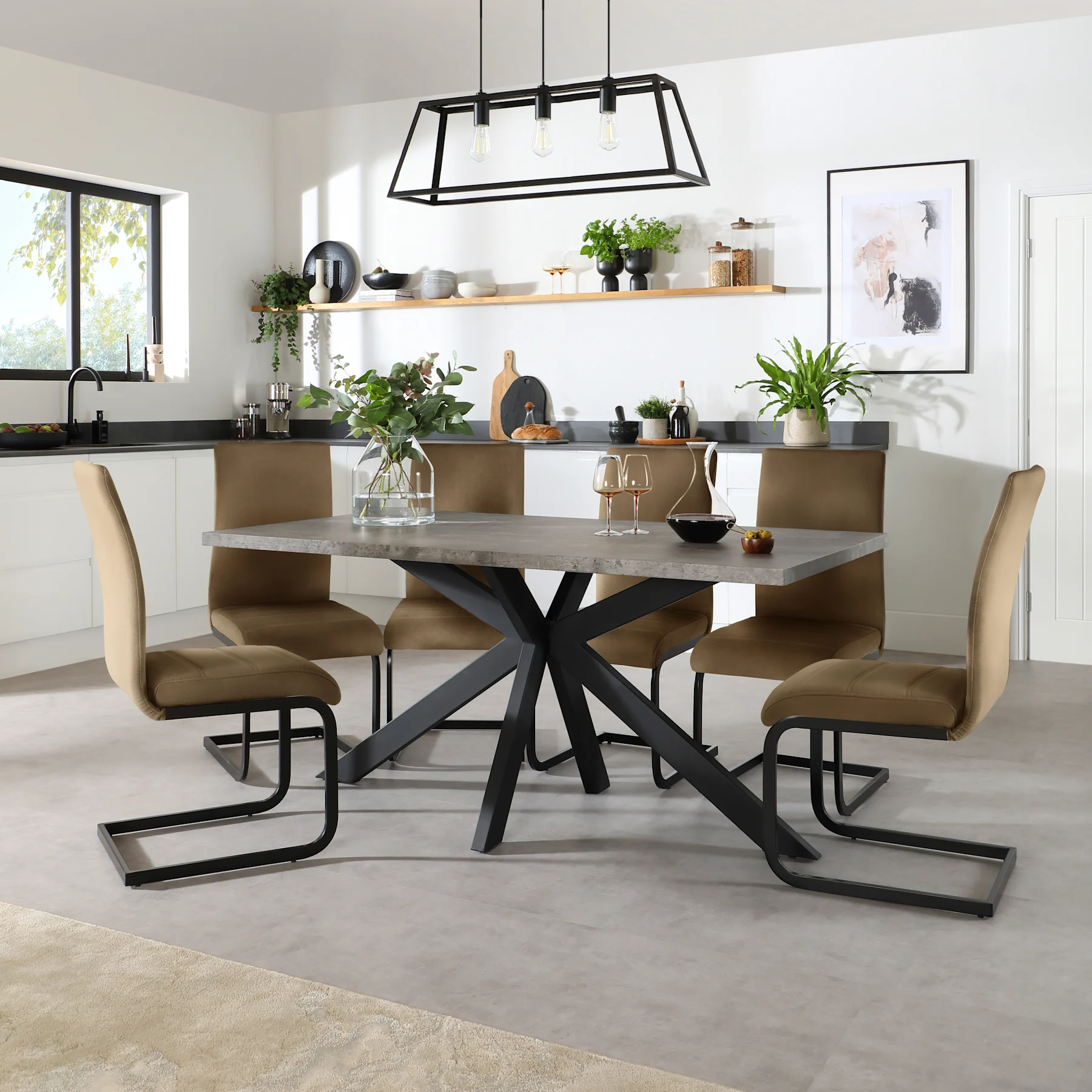 Madison Industrial Dining Table & 4 Perth Chairs, Grey Concrete Effect & Black Steel, Beige Classic Velvet, 160cm