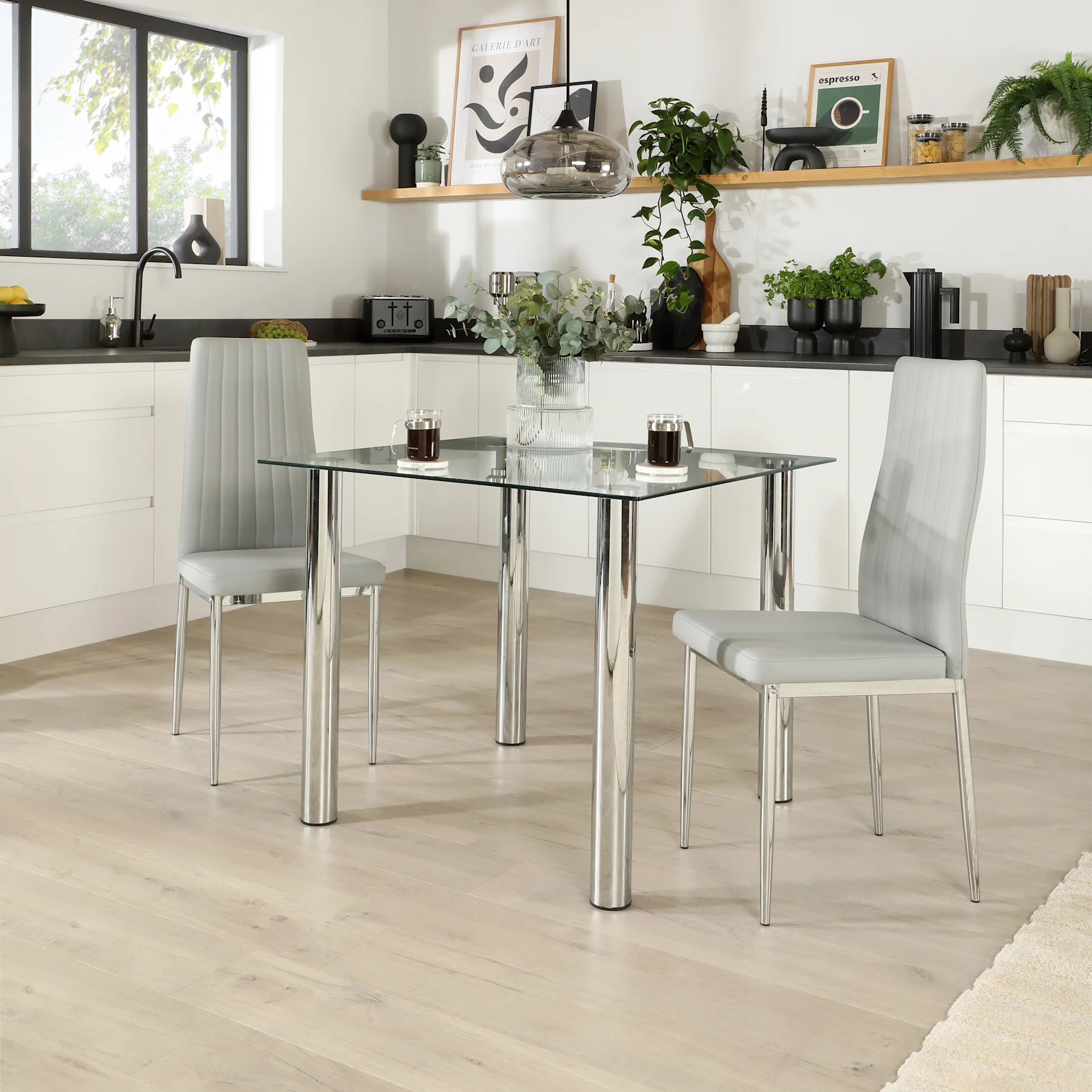 Nova Square Dining Table & 2 Leon Chairs, Glass & Chrome, Light Grey Premium Faux Leather, 90cm